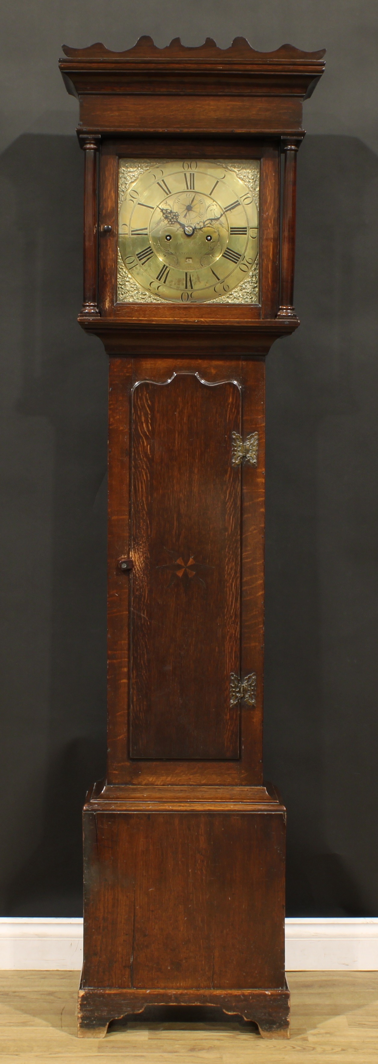 A George III oak longcase clock, 32cm square brass dial inscribed Natl Sanders, MANCHESTER, Roman