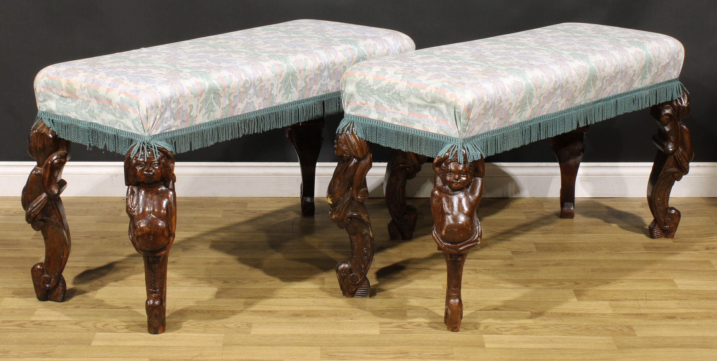 A pair of large Italian Rococo design double-width stools, stuffed-over seats, monopodial legs - Image 2 of 3