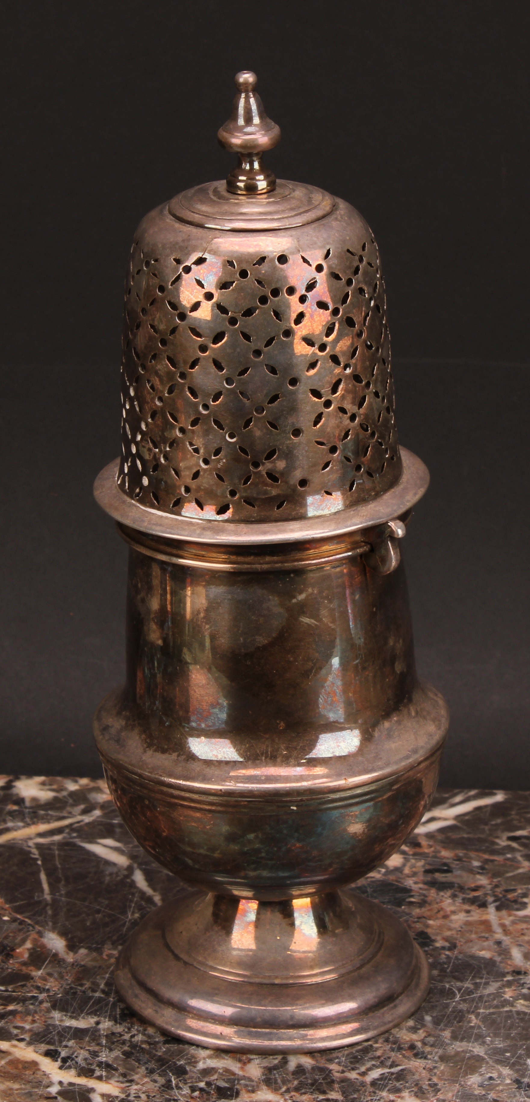 An 18th century 'Teutonic' German silver plate or paktong baluster sugar caster, knop finial, - Image 2 of 4