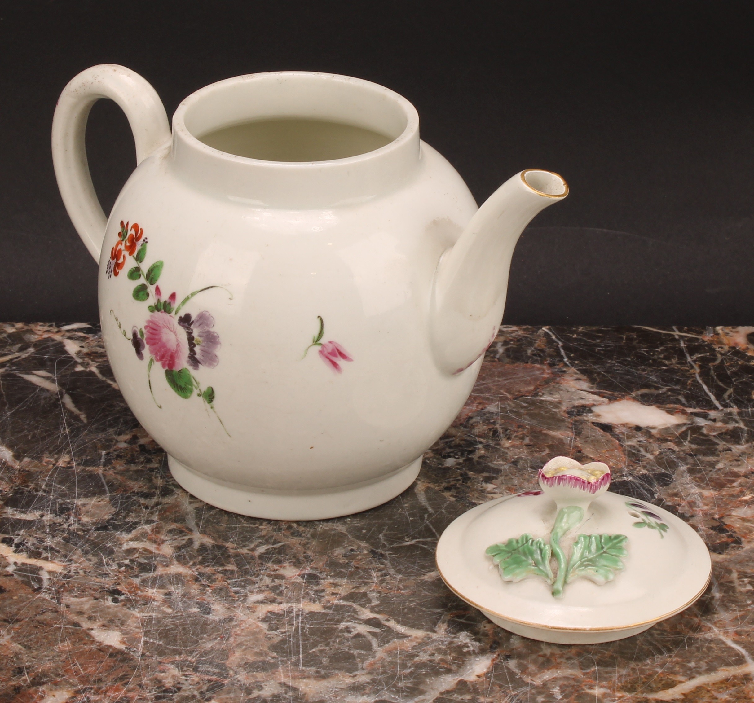 A Worcester globular teapot and cover, painted with floral bouquets in polychrome, flower finial, - Image 4 of 5