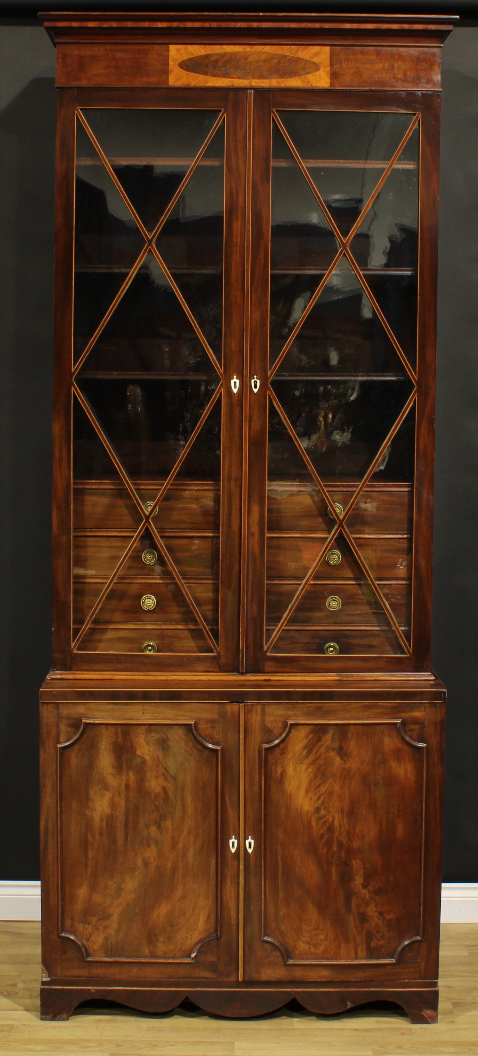 A Regency mahogany library bookcase, of tall and narrow proportions, moulded cornice above a pair of - Image 2 of 2