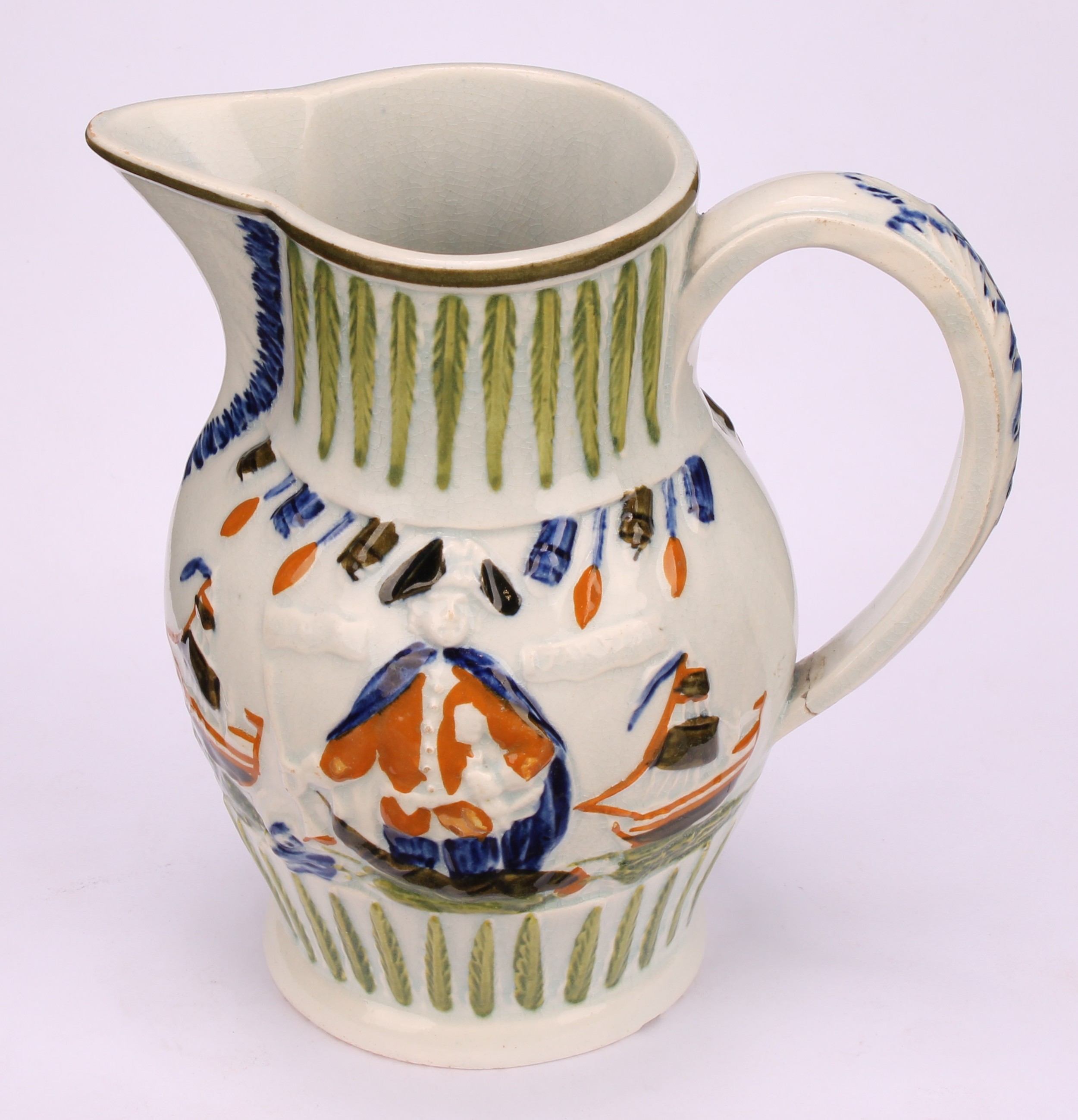 A Prattware pearlware jug, moulded in relief with Lord Jarvis flanked by a pair of ships, hand - Bild 2 aus 5