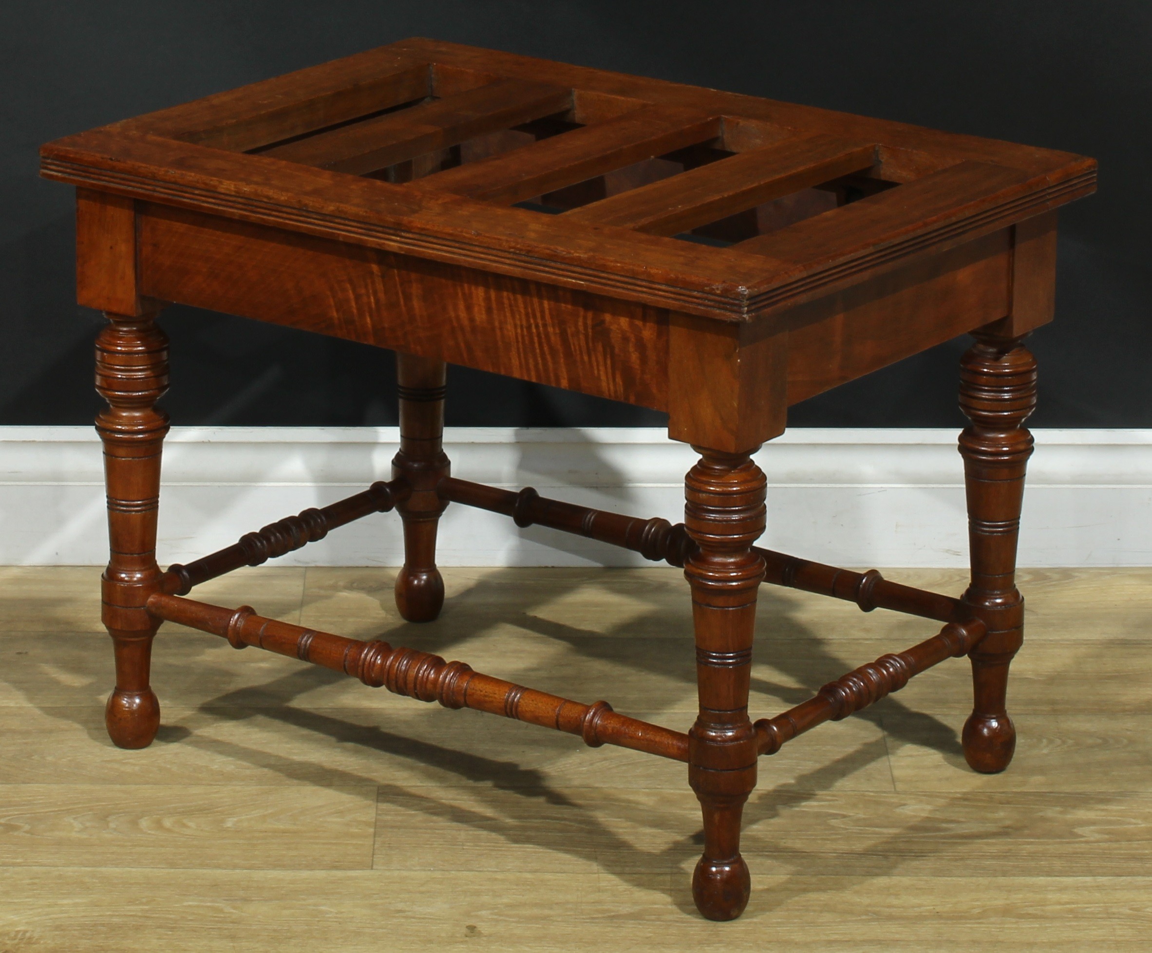 A pair of late Victorian walnut and mahogany rectangular luggage stands, each with oversailing - Image 4 of 9
