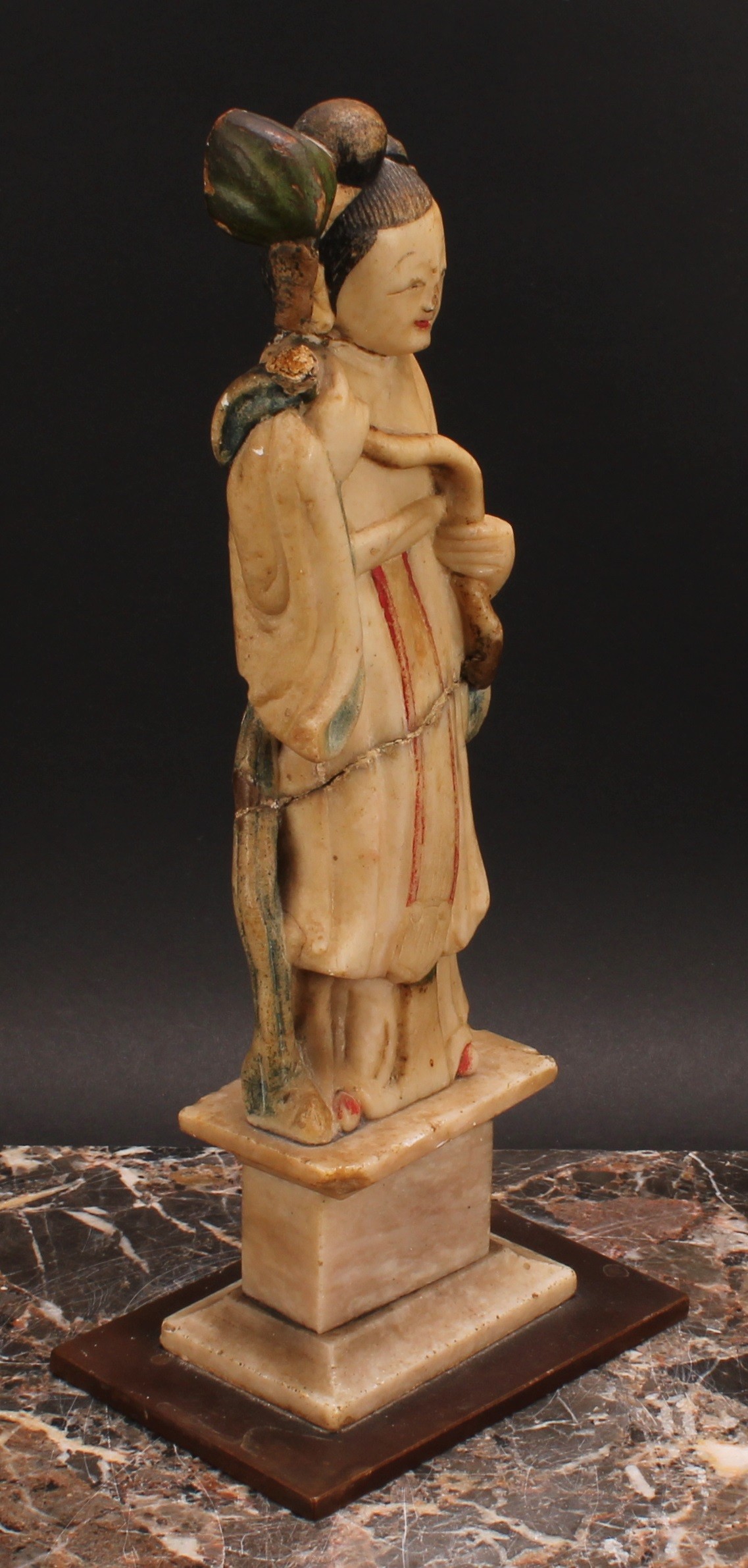 A pair of Chinese soapstone figures, carved as Shou Lao and Guanyin, each picked out in - Image 6 of 7