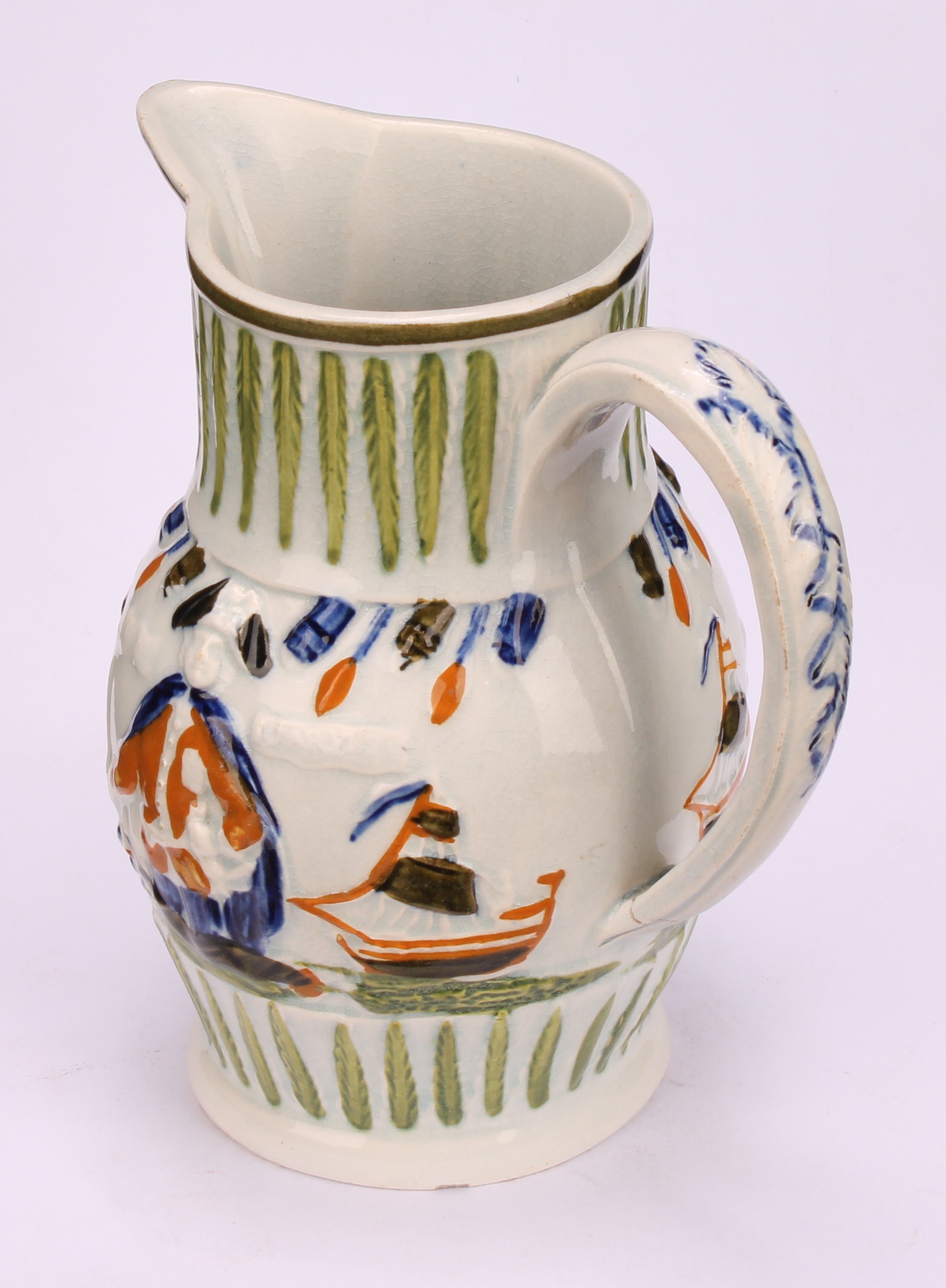 A Prattware pearlware jug, moulded in relief with Lord Jarvis flanked by a pair of ships, hand - Image 4 of 5