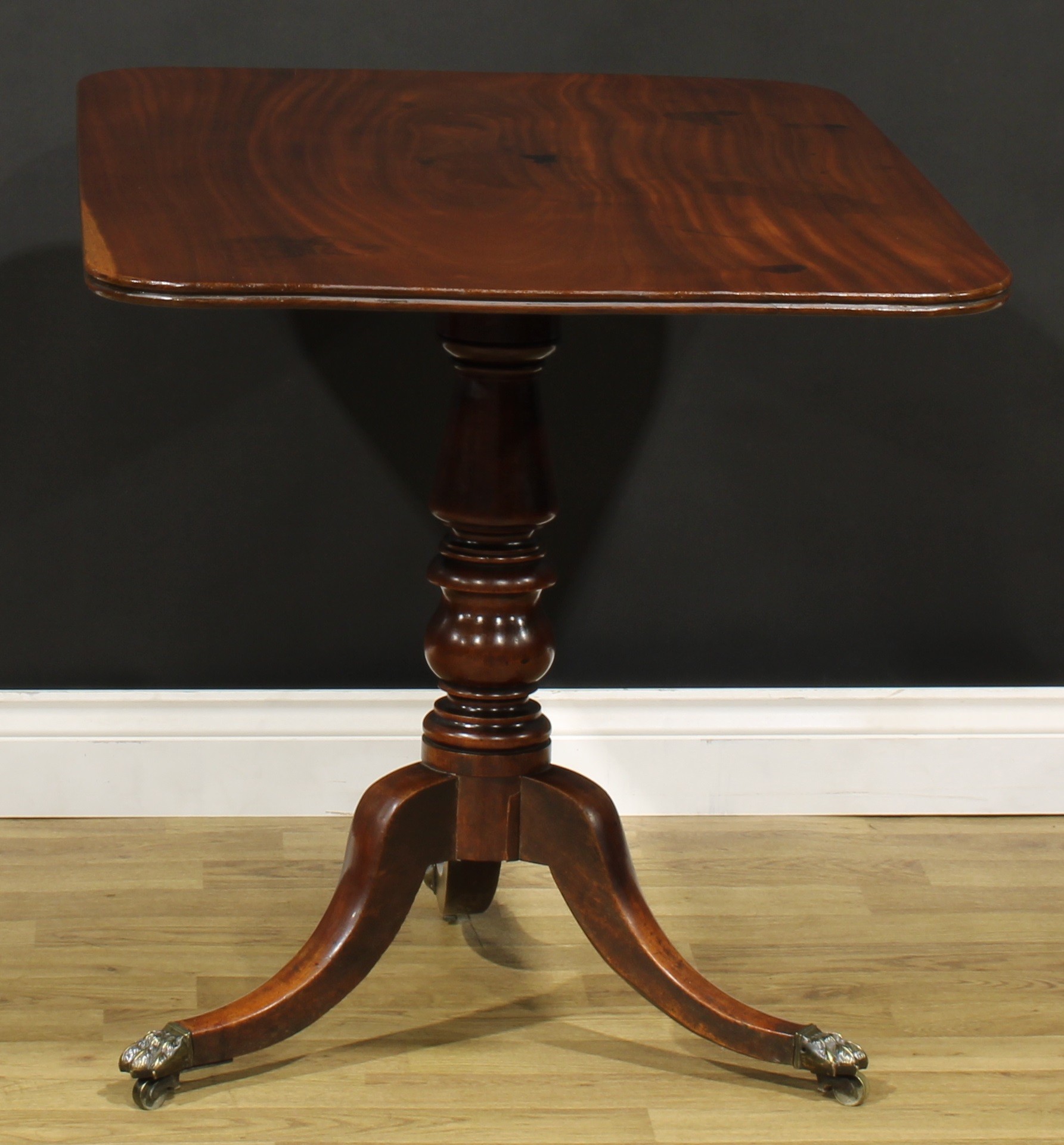 A Regency mahogany tripod supper table, rounded rectangular tilting top with channelled edge, turned - Image 2 of 4