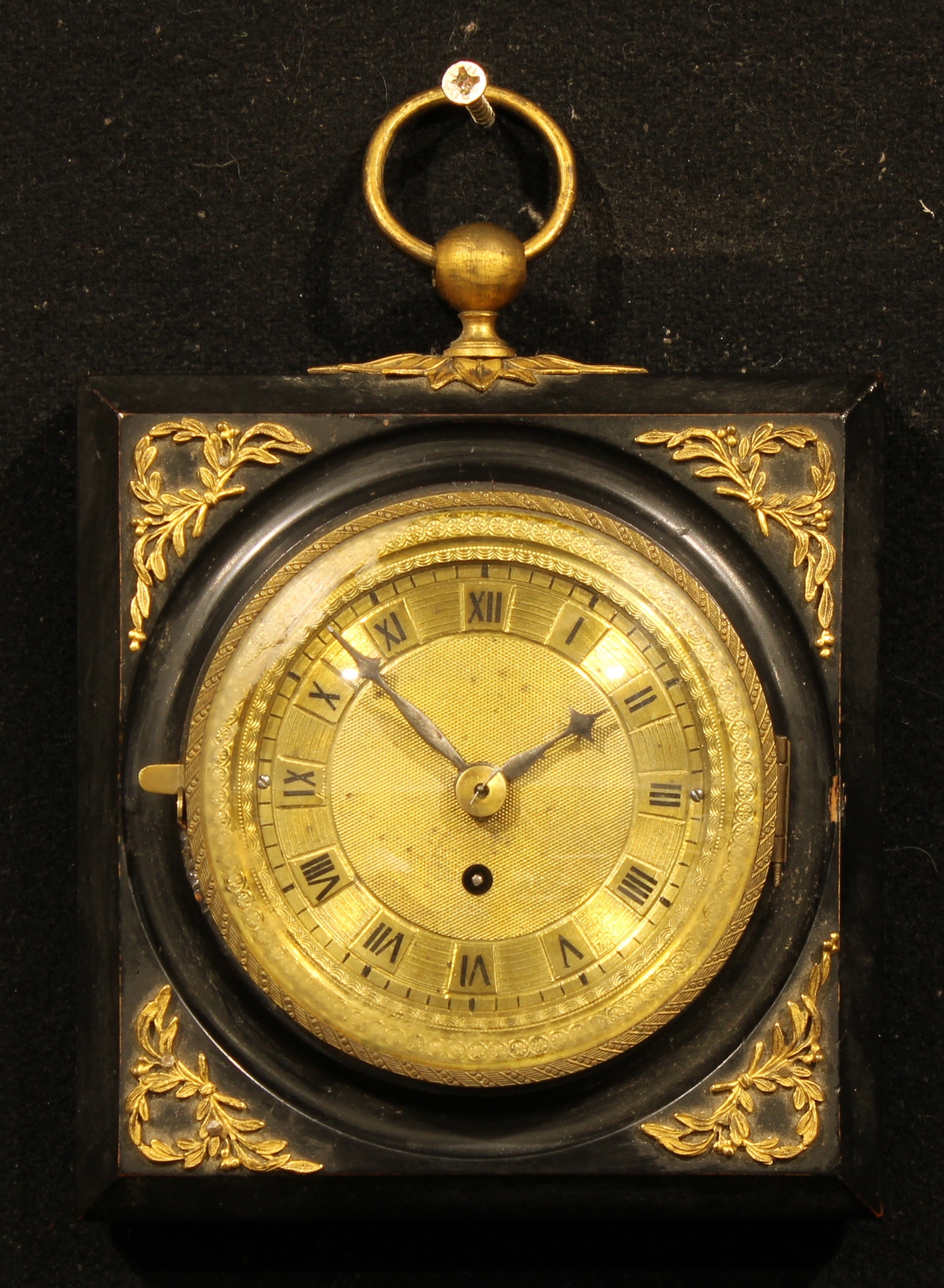 An Austrian Biedermeier Revival gilt metal mounted ebonised travelling sedan timepiece, 8cm circular
