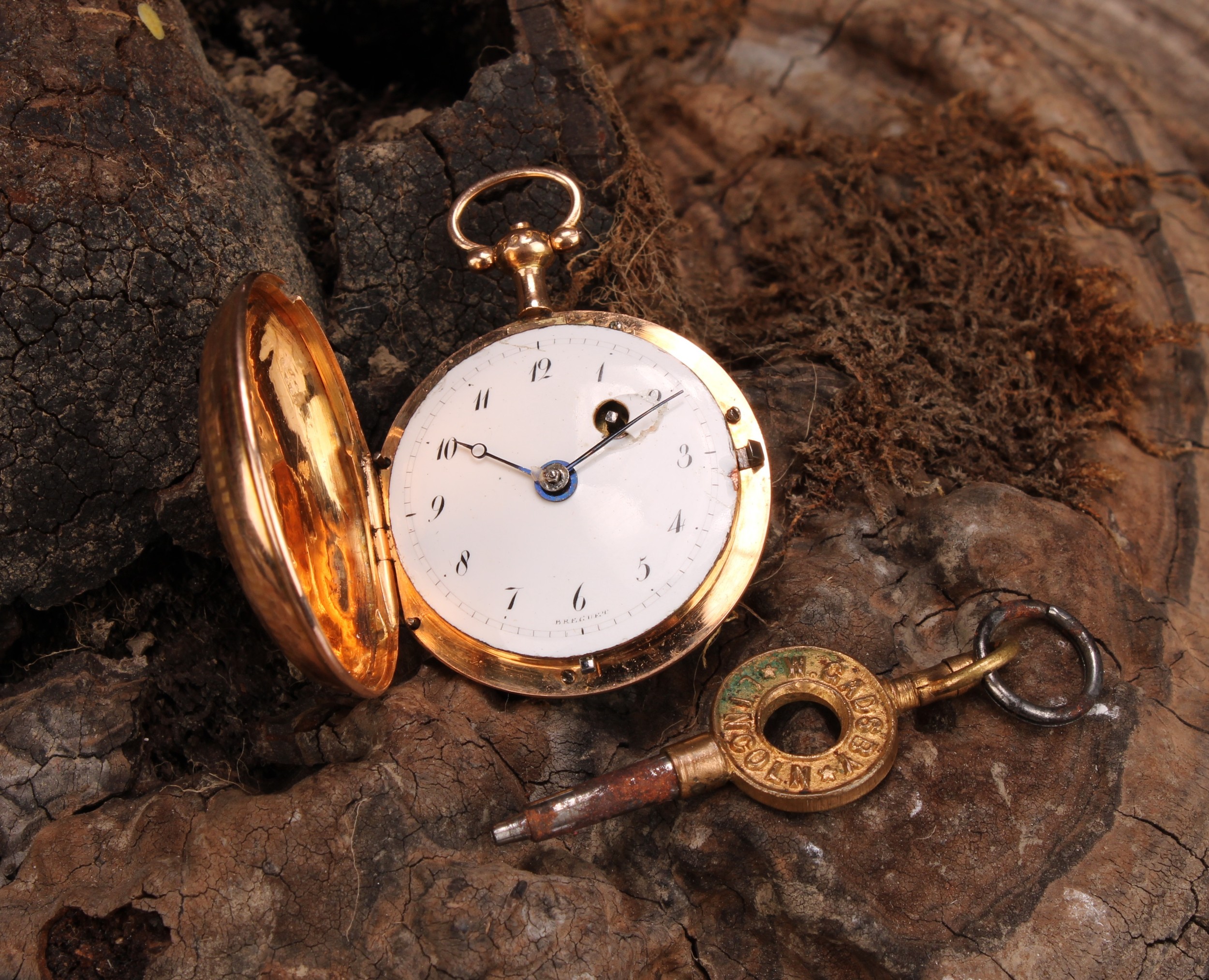 A late 19th century Swiss lady's gold hunter pocket watch, Breguet, white enamel dial, Arabic