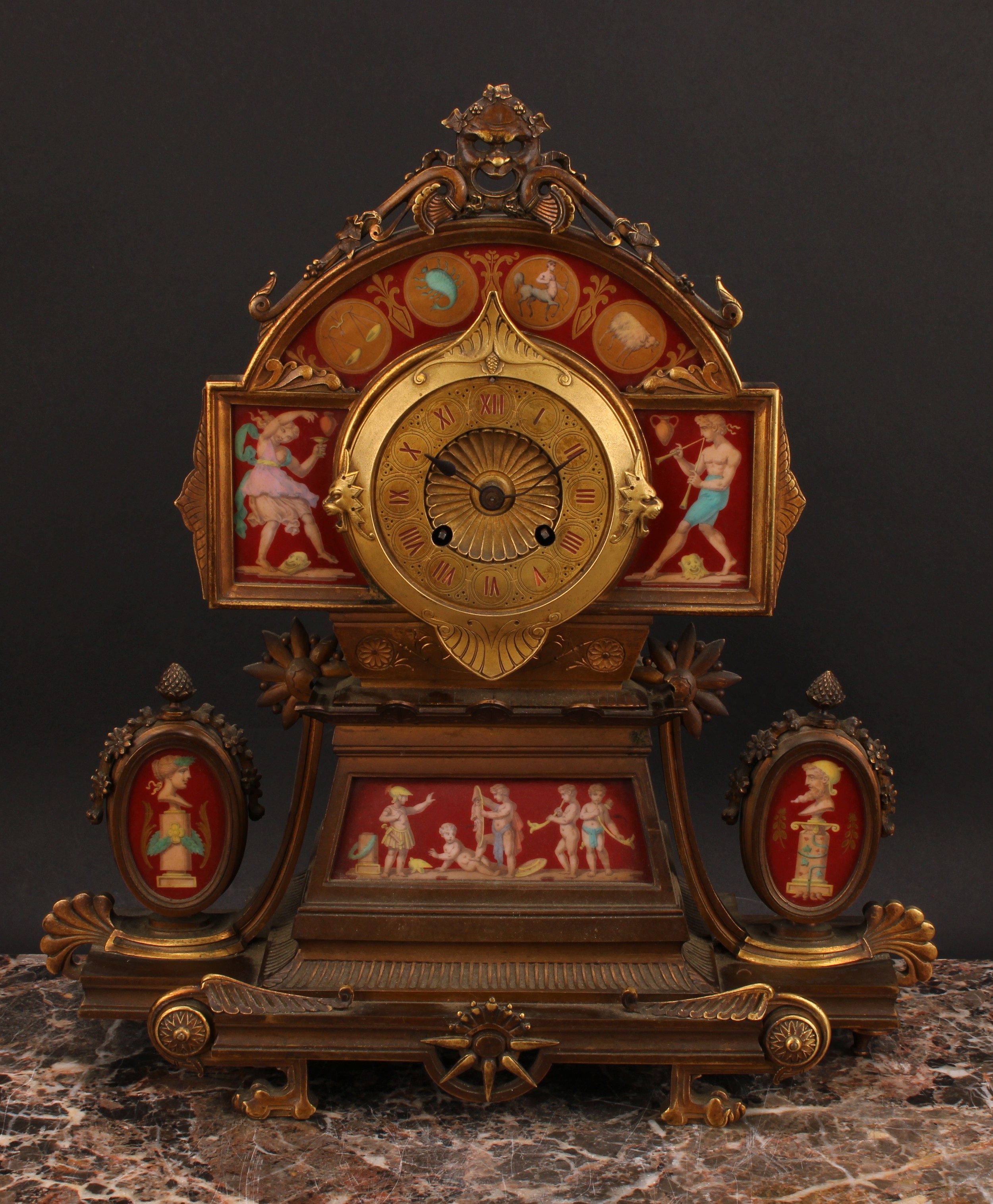 A French Etruscan Revival gilt bronze and porcelain mounted mantel clock, 8.5cm dial with Roman - Image 2 of 3