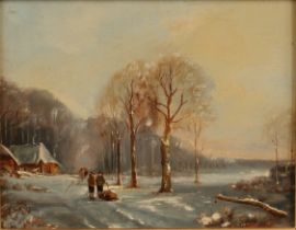 Jan Hovener (Dutch b.1936) Winter Walk, signed, oil on board, 18.5cm x 23.5cm