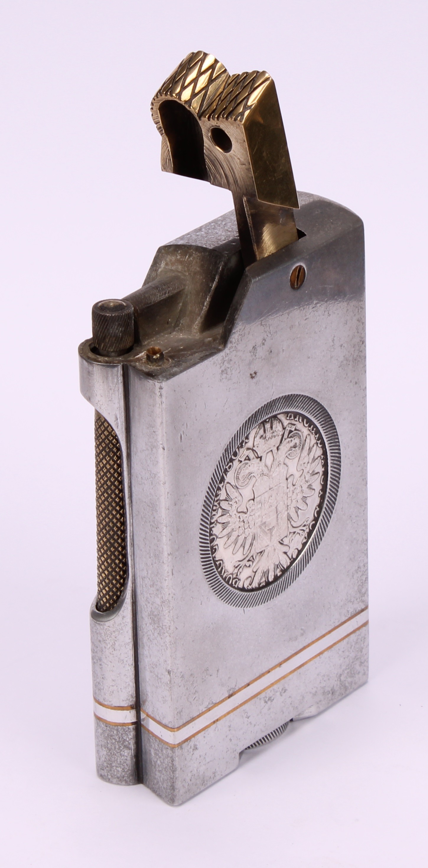 An unusual Trench Art style aluminium and brass table lighter, inset with two Austrian silver - Image 4 of 5