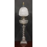 A 19th century silver plated oil lamp, Hawksworth, Eyre & Co., Limited, Sheffield, clear cut glass