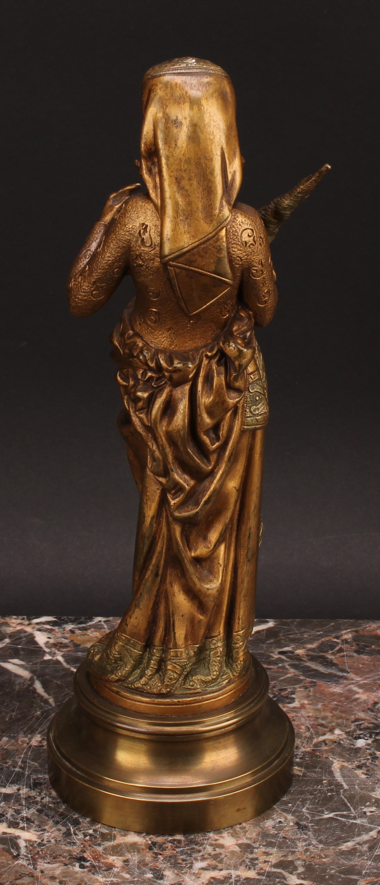 After Maurice Constant Favre (French, 1875-1919), a gilt bronze, Chant de la Fileuse, depicting a - Image 5 of 6