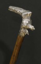 An early 20th century silver mounted novelty walking stick, probably Austro-Hungarian, the L-