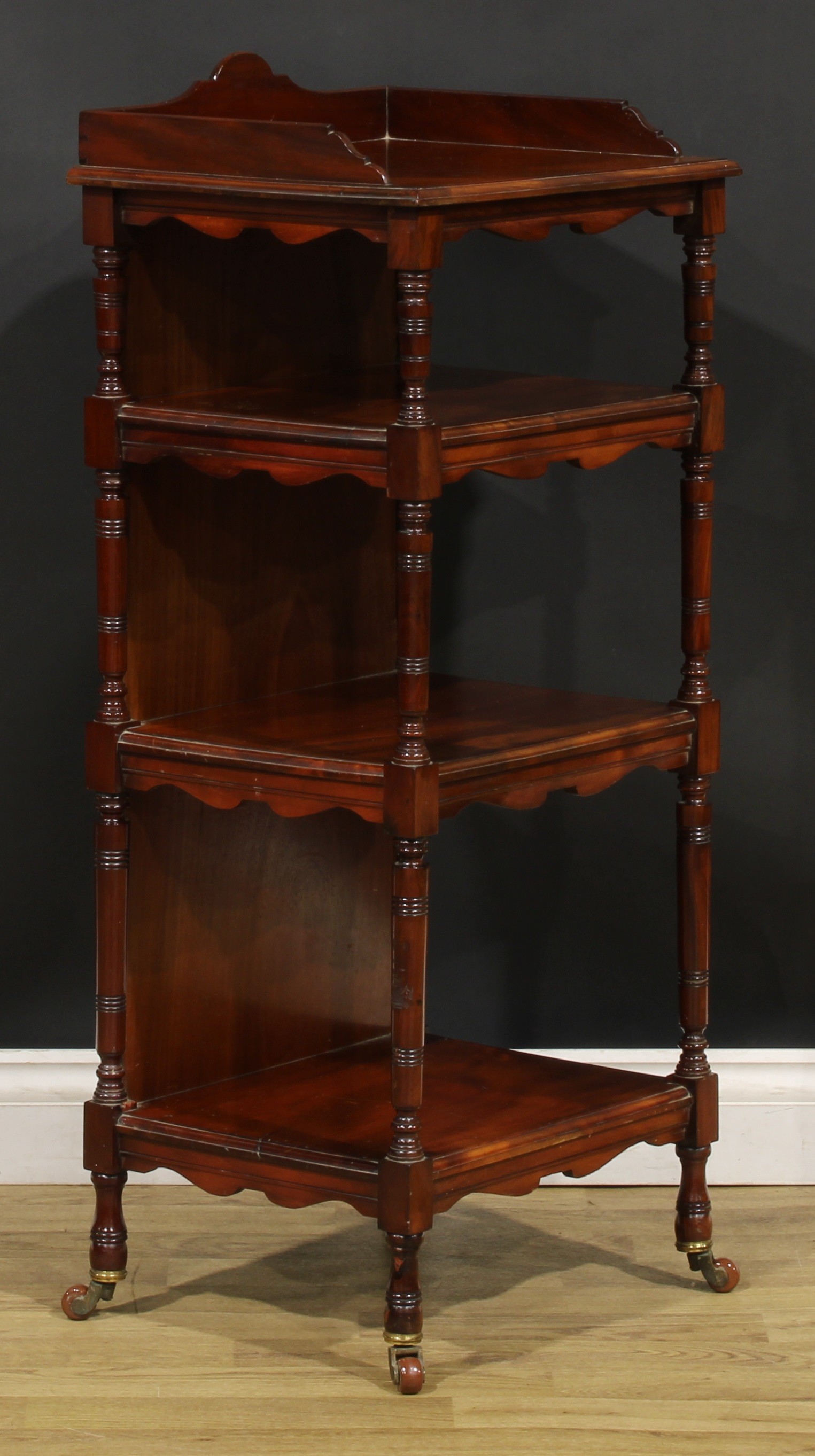 A late Victorian walnut four-tier whatnot, shaped three-quarter gallery, ring-turned supports, - Image 3 of 5