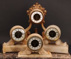 A late 19th century French alabaster mantel clock, the case applied with a putto on a swing, 41cm