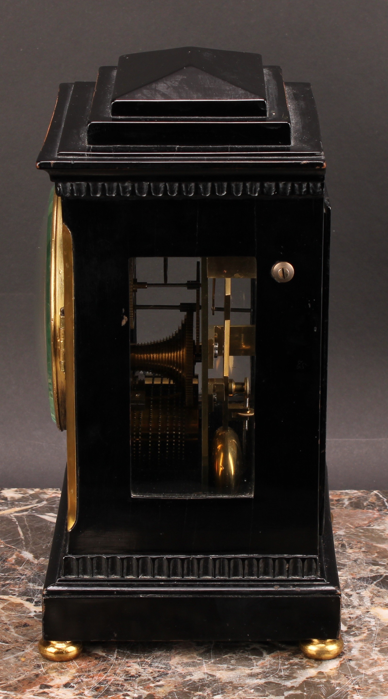 A 19th century ebonised bracket timepiece, of small proportions, 9.5cm engine turned gilt clock dial - Image 6 of 6