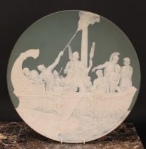 A Metlach circular cameo charger, decorated by Stahl, signed, in white with a scene from the