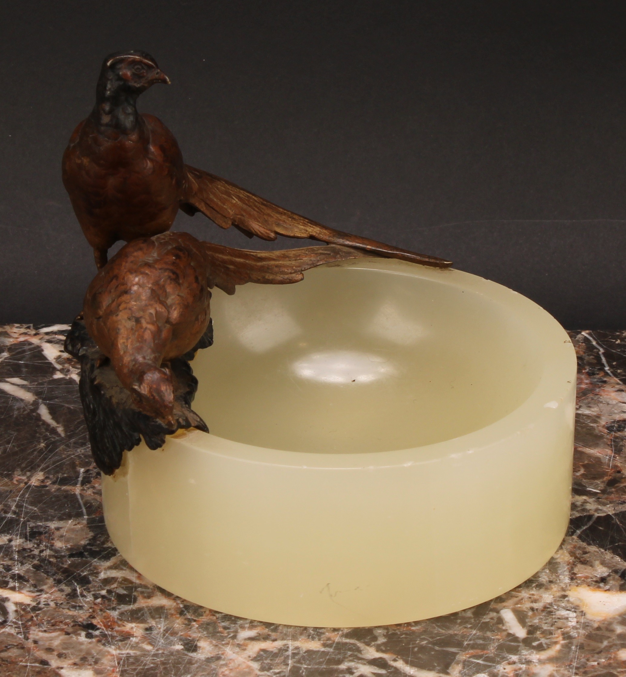 An Austrian cold painted bronze, of a pair of pheasants, surmounting a circular onyx dish, 12.5cm - Image 3 of 4