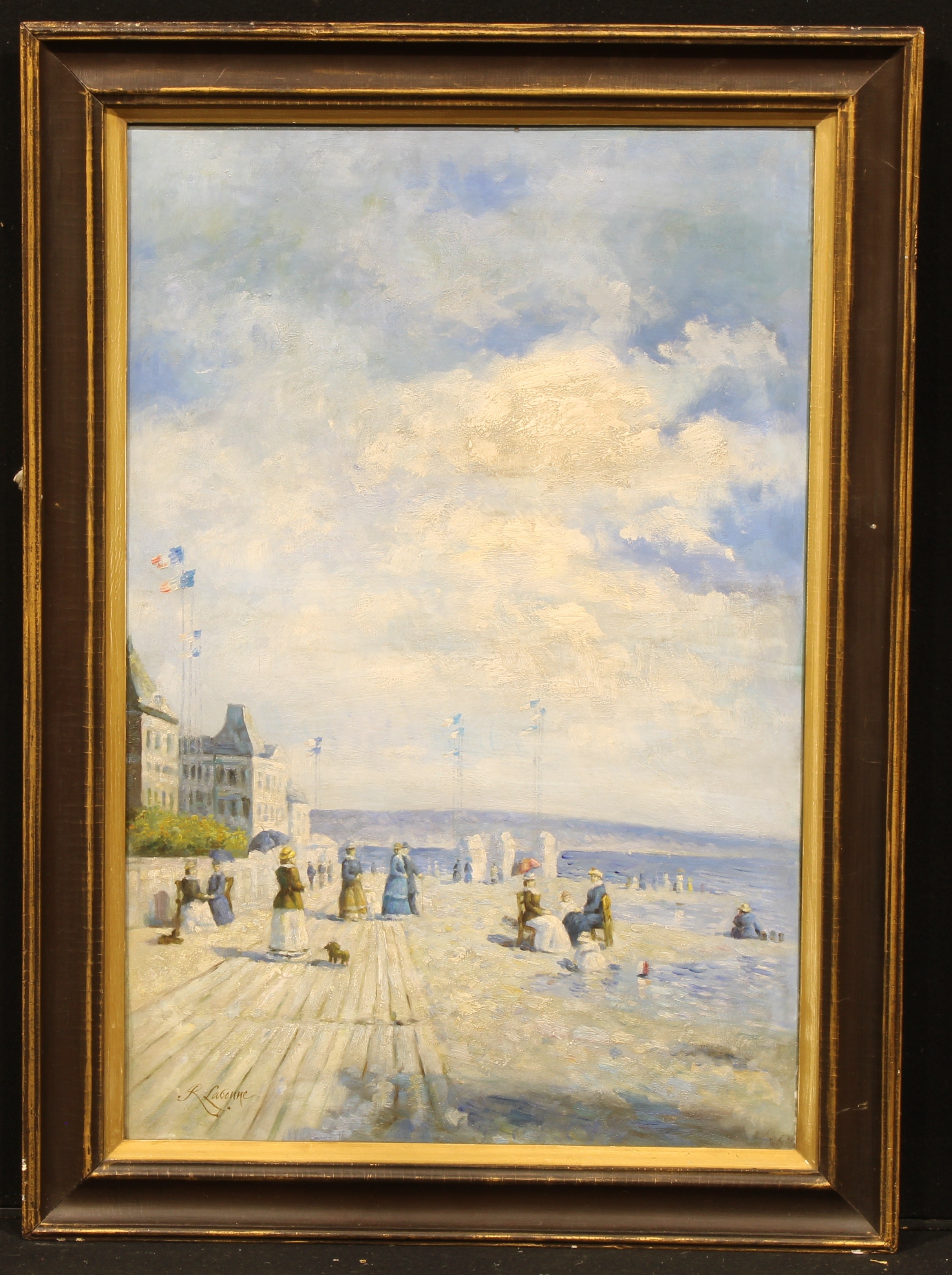 R Labonne (20th century) Seaside Promenade, after Charles Hoffbauer signed, oil on canvas, 90cm x - Image 2 of 4