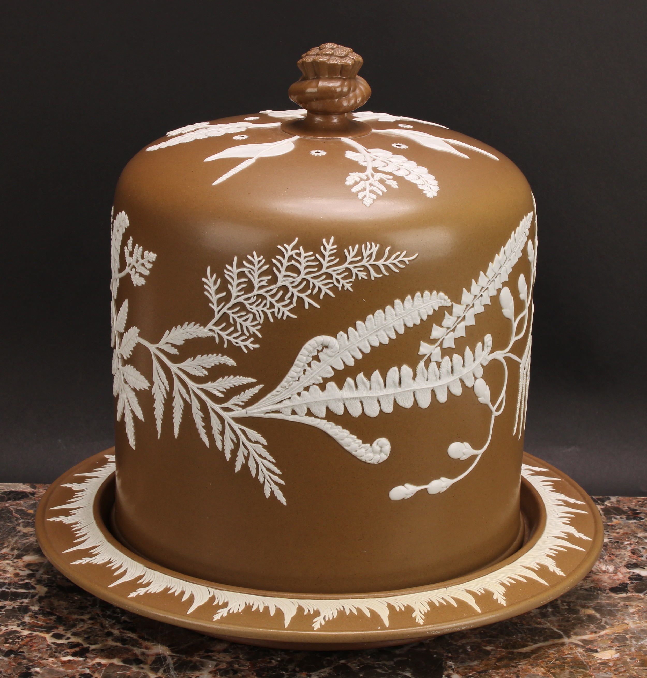 A large Victorian Staffordshire brown jasperware full-Stilton-size cheese dome, probably James - Image 3 of 5