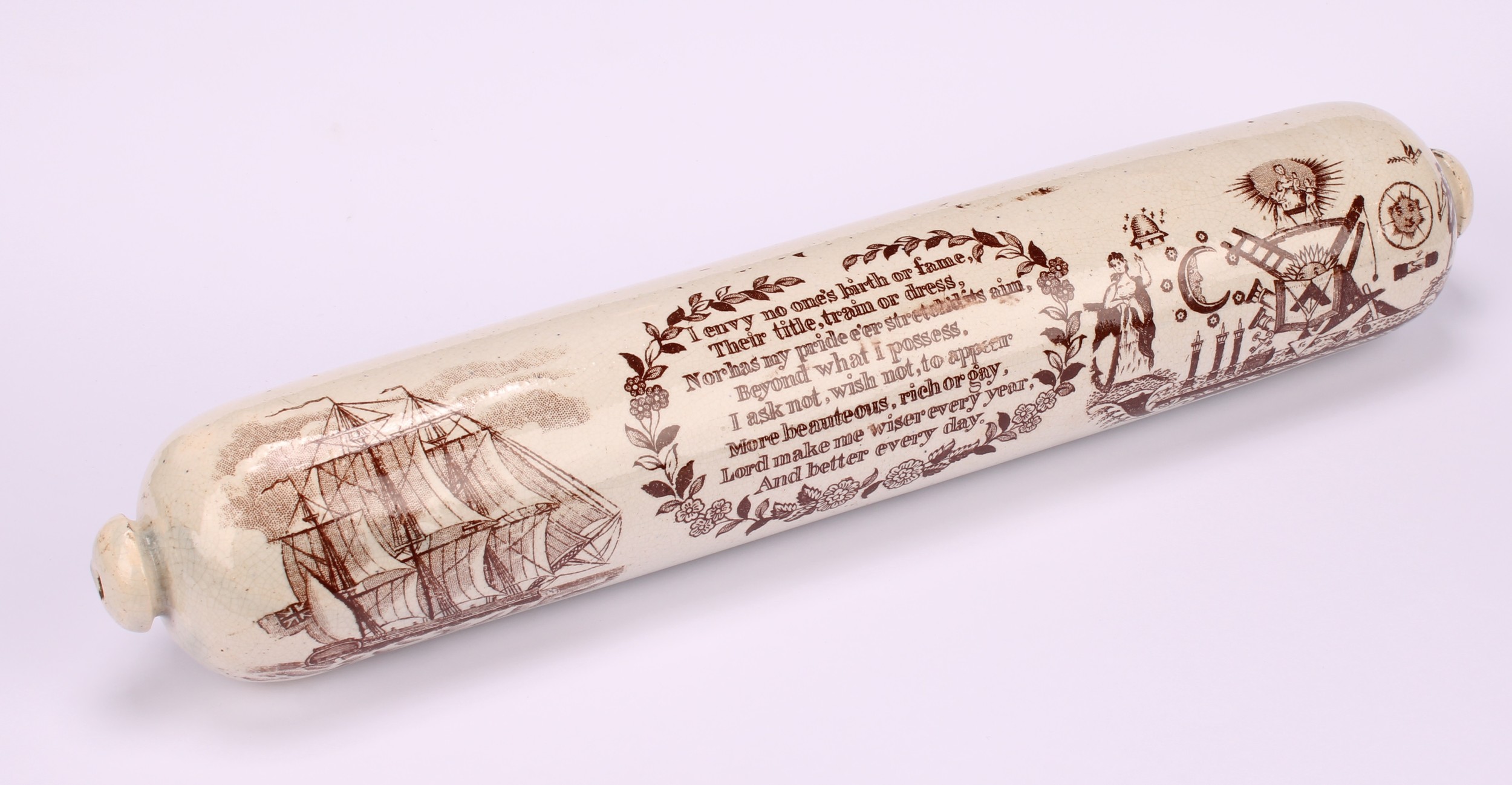 A Sunderland Masonic rolling pin, printed in sepia tones, I envy no one's birth or fame..., with - Image 3 of 3