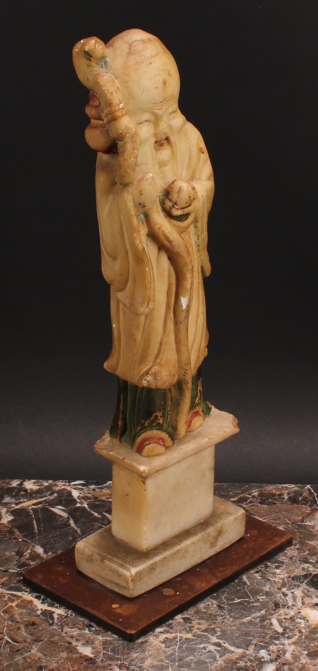 A pair of Chinese soapstone figures, carved as Shou Lao and Guanyin, each picked out in - Image 3 of 7