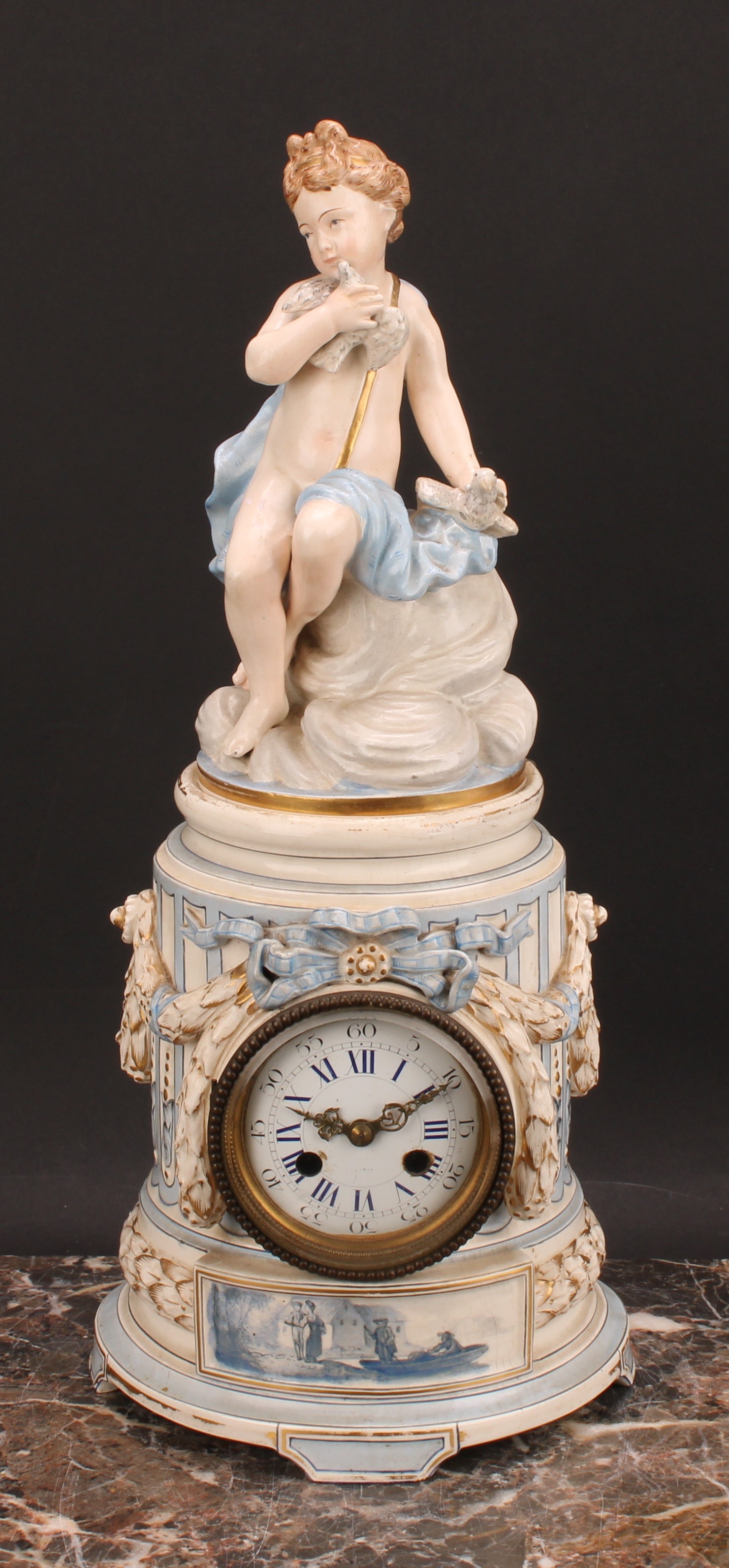 A 19th century French Louis XVI style porcelain mantel clock, 7.5cm white enamel dial inscribed with - Image 2 of 4