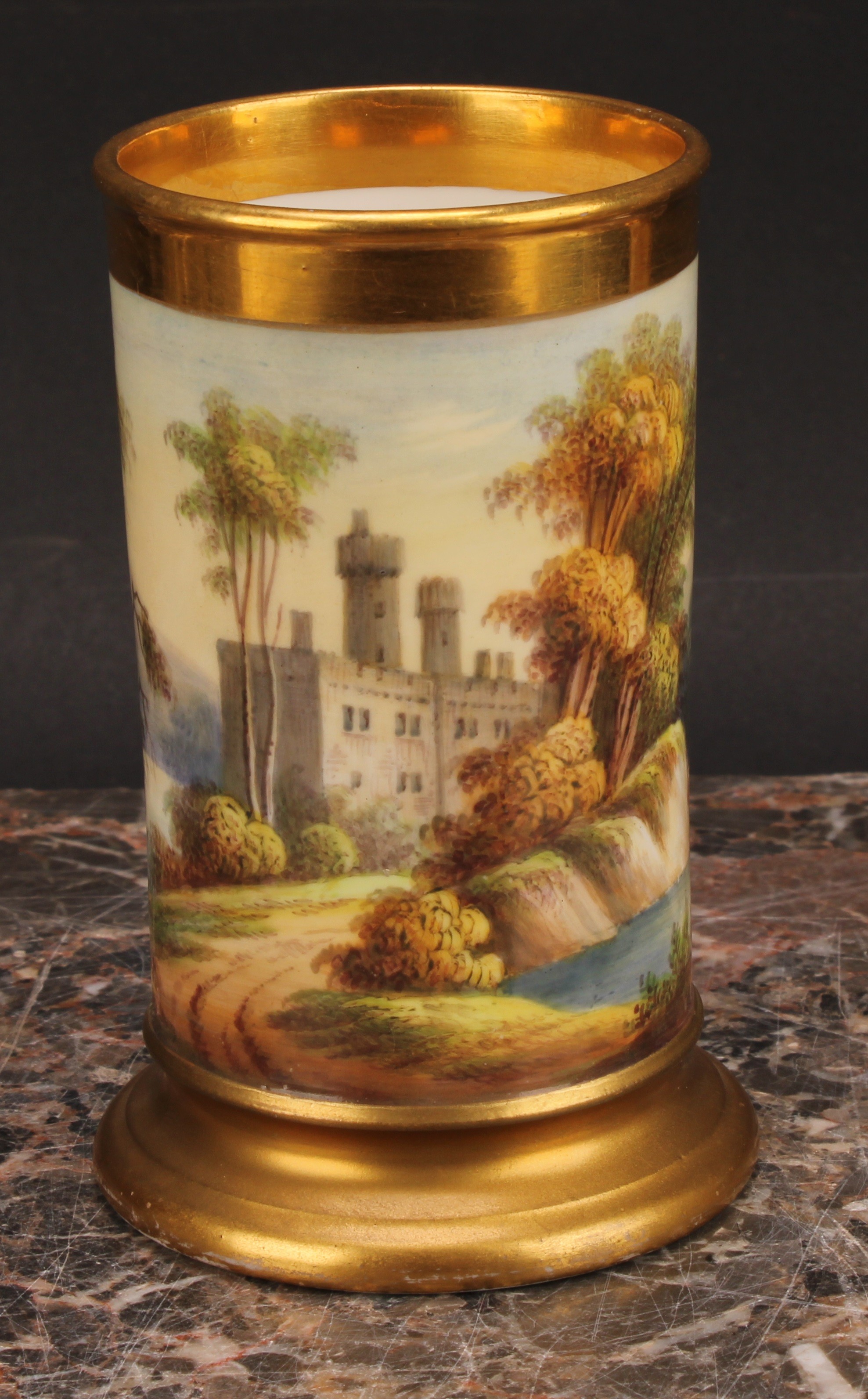 A pair of English porcelain cylindrical spill vases, each painted with a continuous lakeside - Image 3 of 12