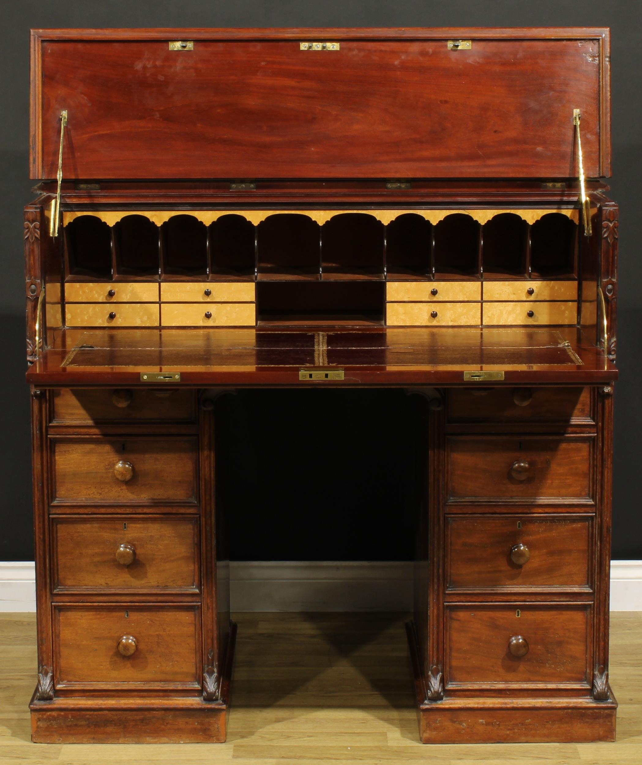 A Victorian mahogany secretaire kneehole desk, hinged top and fall front enclosing a tooled and gilt - Image 2 of 7