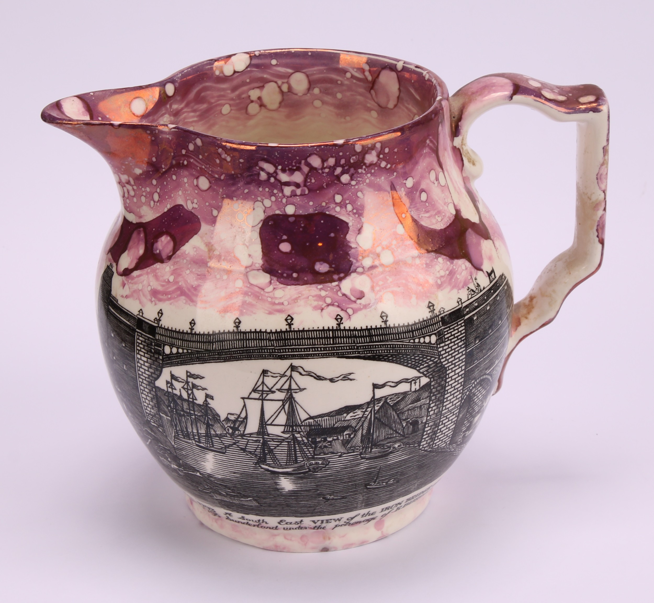 A Gray's Pottery Sunderland lustre type jug, printed with the Sunderland Iron Bridge over the - Image 3 of 9