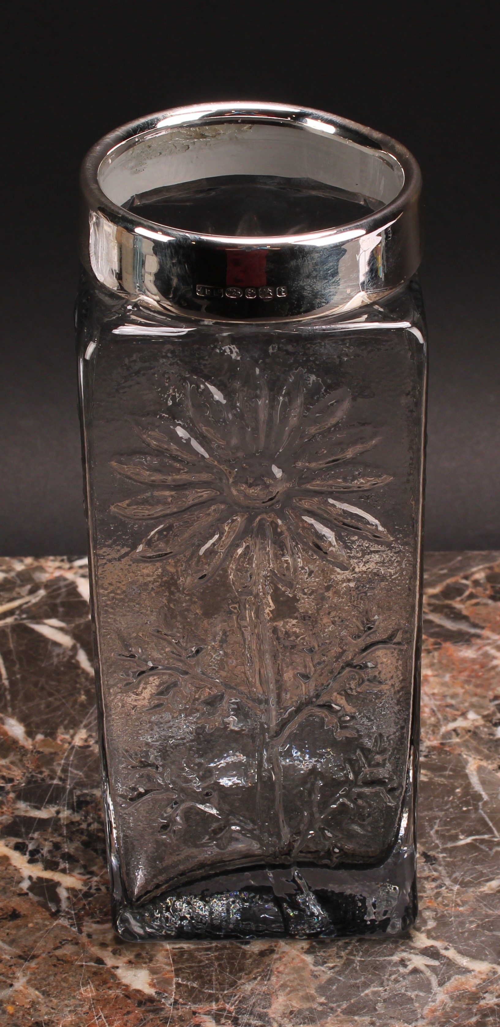 An Aesthetic Movement style silver mounted square glass vase, moulded with sunflowers, 18.5cm - Image 2 of 3