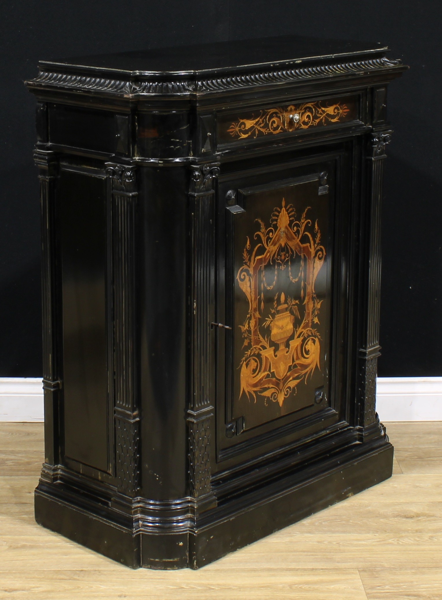A pair of 19th century Continental ebonised and marquetry pier cabinets, each with a concave moulded - Image 9 of 12