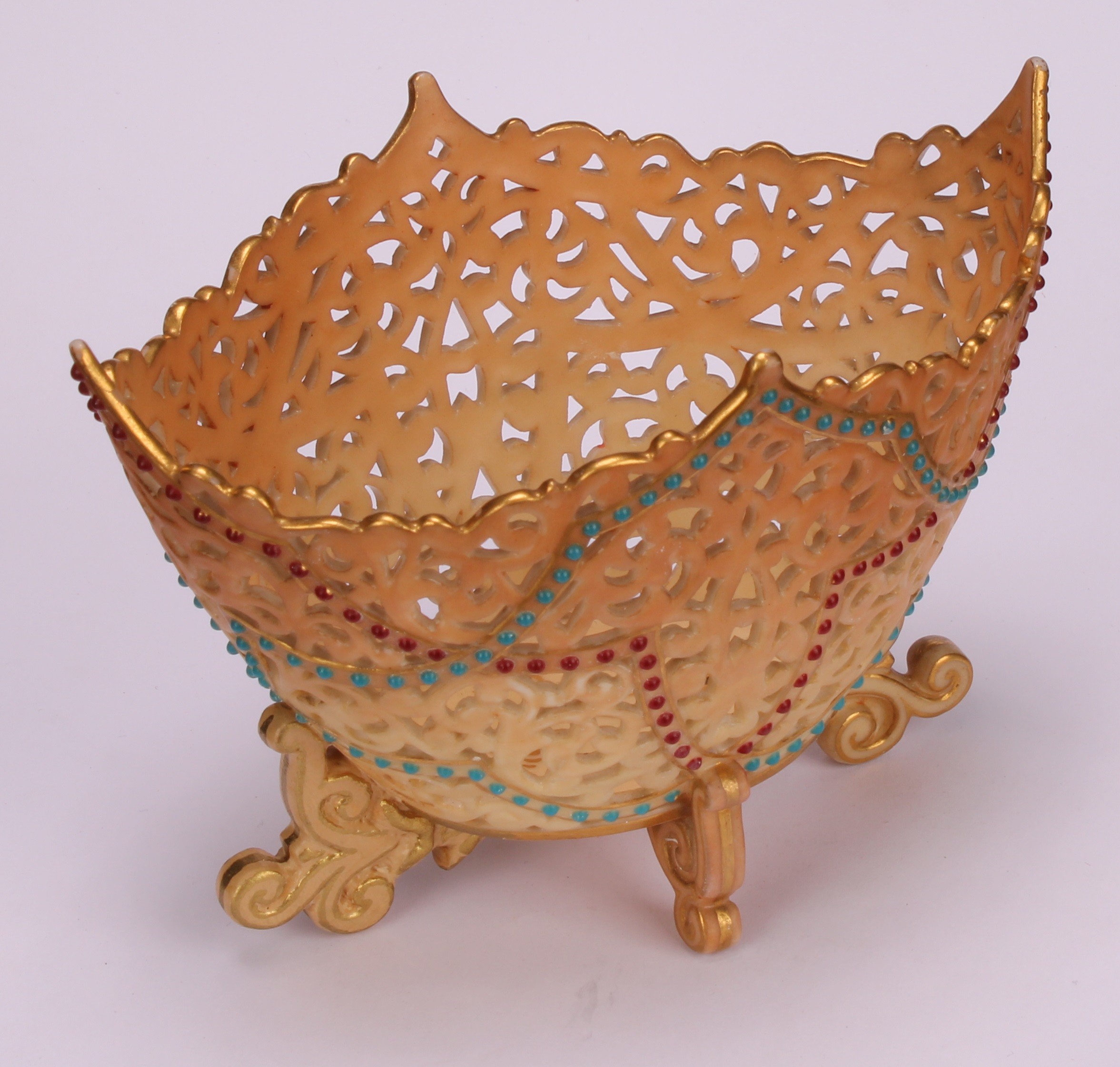 A Graingers Worcester reticulated boat shaped pot pourri, decorated with crimson and turquoise - Image 4 of 5
