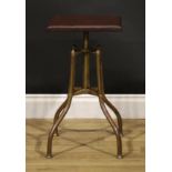 A 19th century brass adjustable piano stool, rotating rectangular seat, downswept tubular legs, 58cm