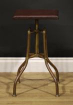 A 19th century brass adjustable piano stool, rotating rectangular seat, downswept tubular legs, 58cm
