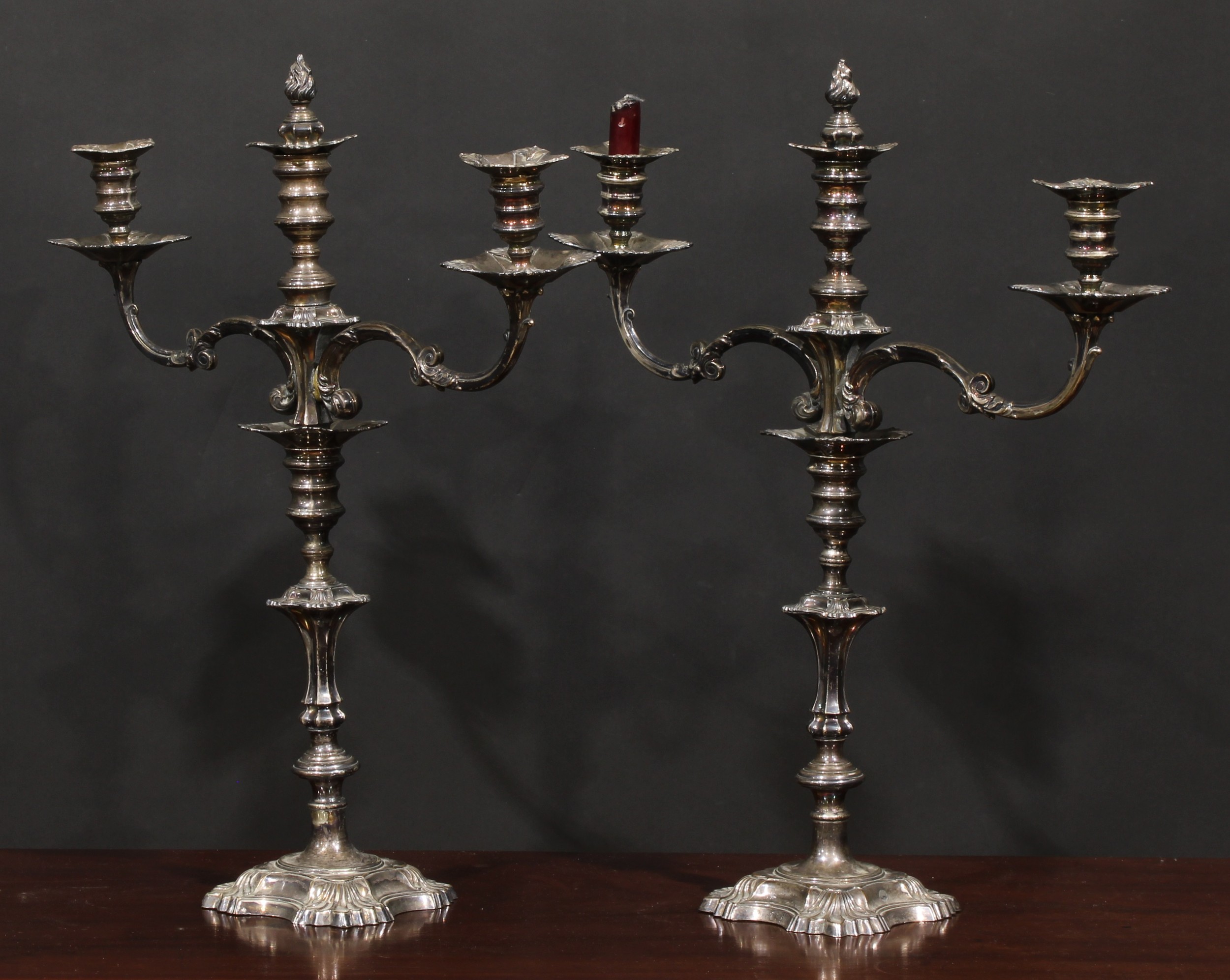A pair of George II design E.P. on copper three-light table candelabra, knopped pillars, shaped - Image 3 of 3
