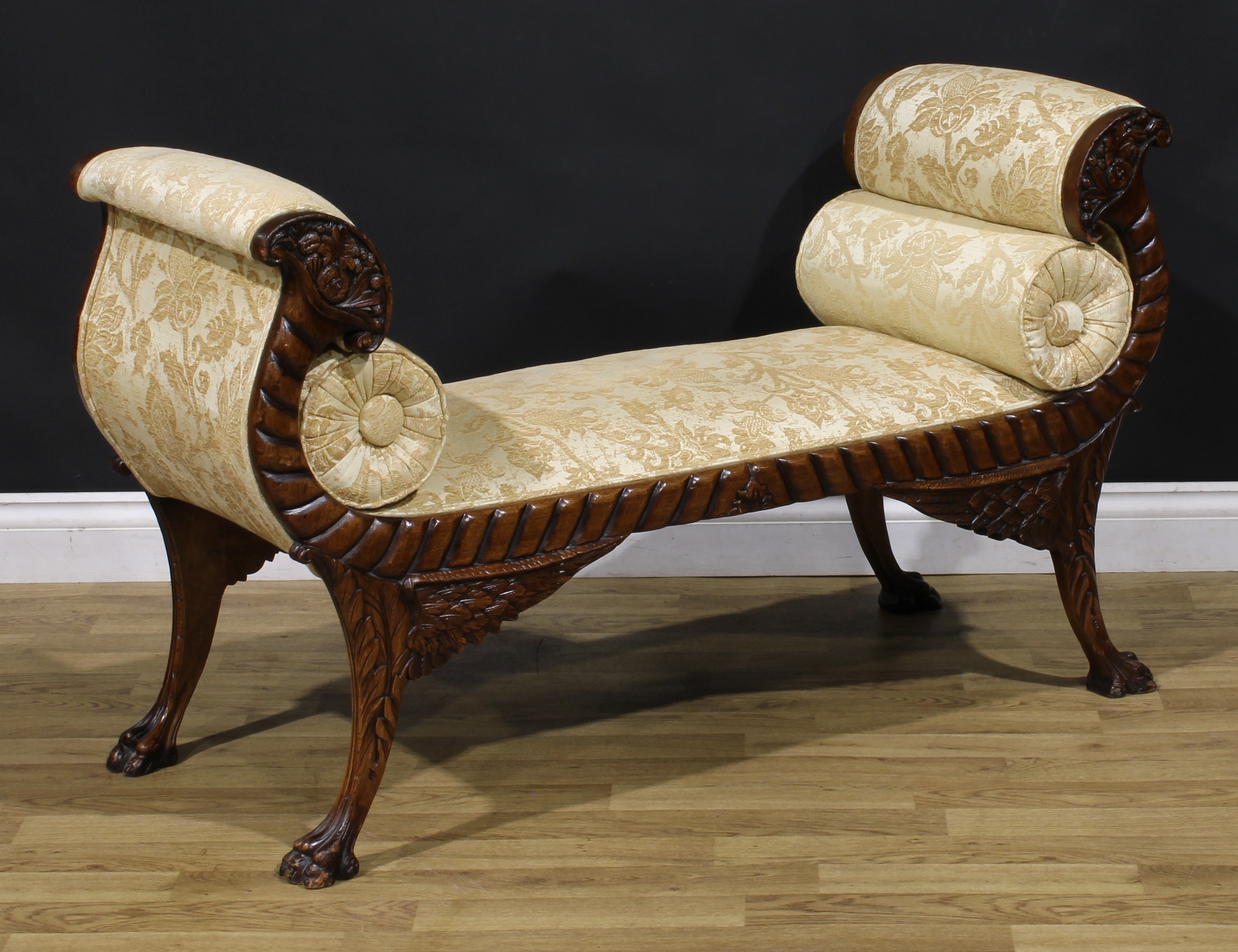 An American Empire Revival neoclassical mahogany window seat, Récamier-form arms carved as - Image 2 of 4