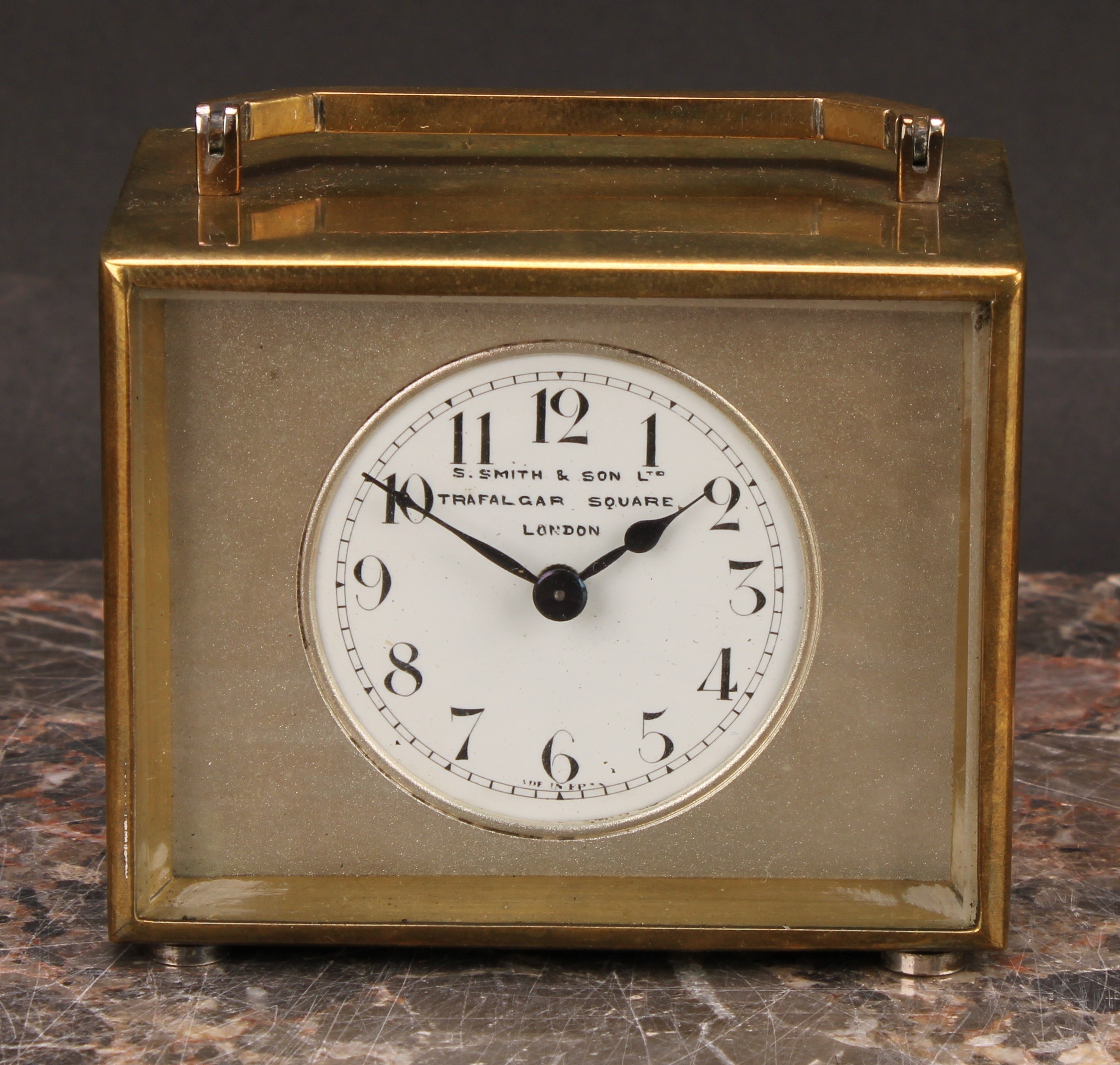 An early 20th century lacquered brass carriage timepiece, 4cm circular enamel dial inscribed S Smith - Image 4 of 6