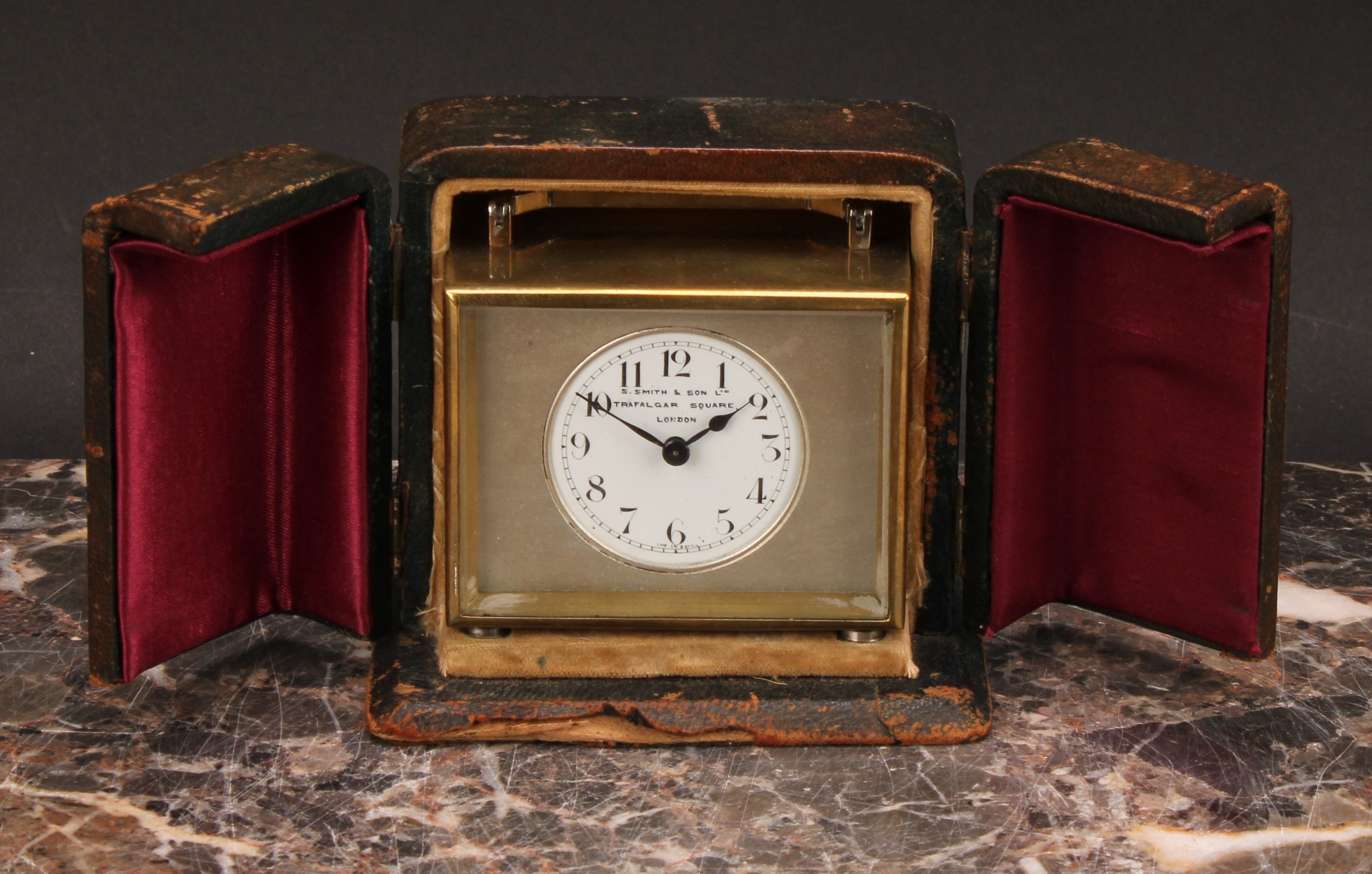 An early 20th century lacquered brass carriage timepiece, 4cm circular enamel dial inscribed S Smith - Image 2 of 6