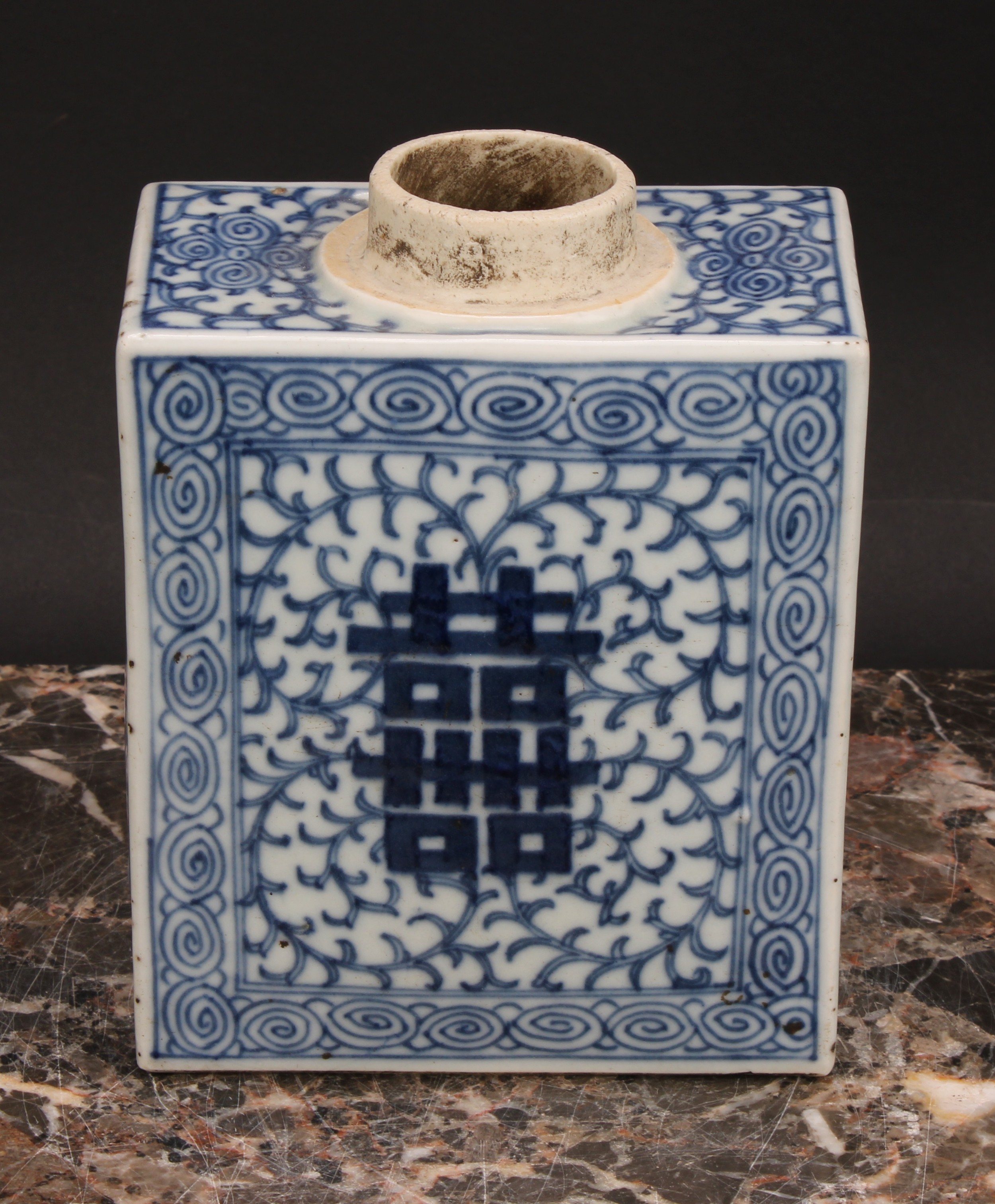 A Chinese canted rectangular tea caddy, painted in tones of underglaze blue with flowers and leafy - Image 3 of 8