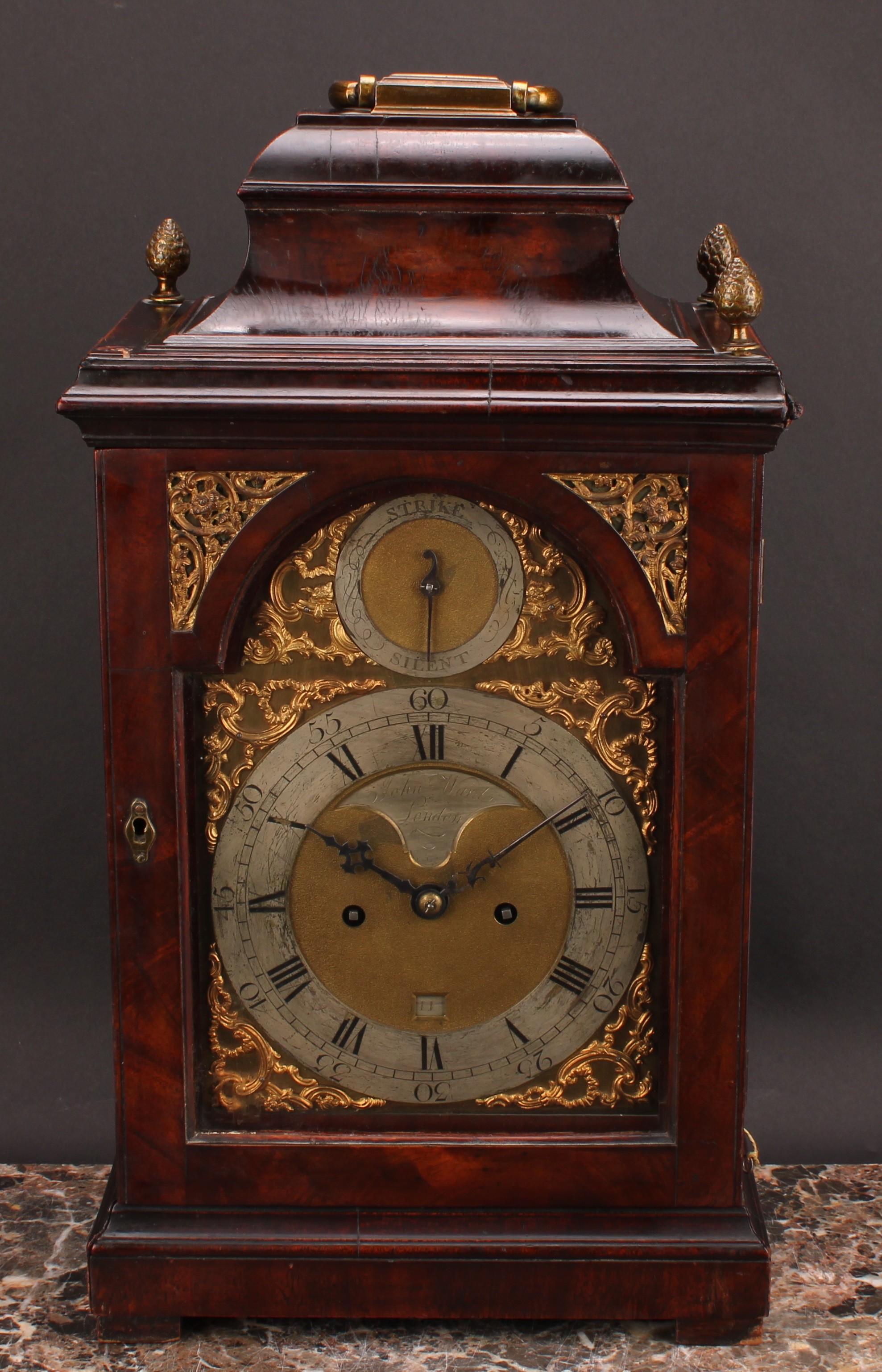 A George III mahogany repeating bracket clock, 17.5cm arched brass dial with silvered chapter ring - Image 2 of 4