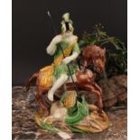 A Staffordshire pearlware figure group, of George and the Dragon, George upon horse spearing the