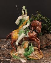A Staffordshire pearlware figure group, of George and the Dragon, George upon horse spearing the