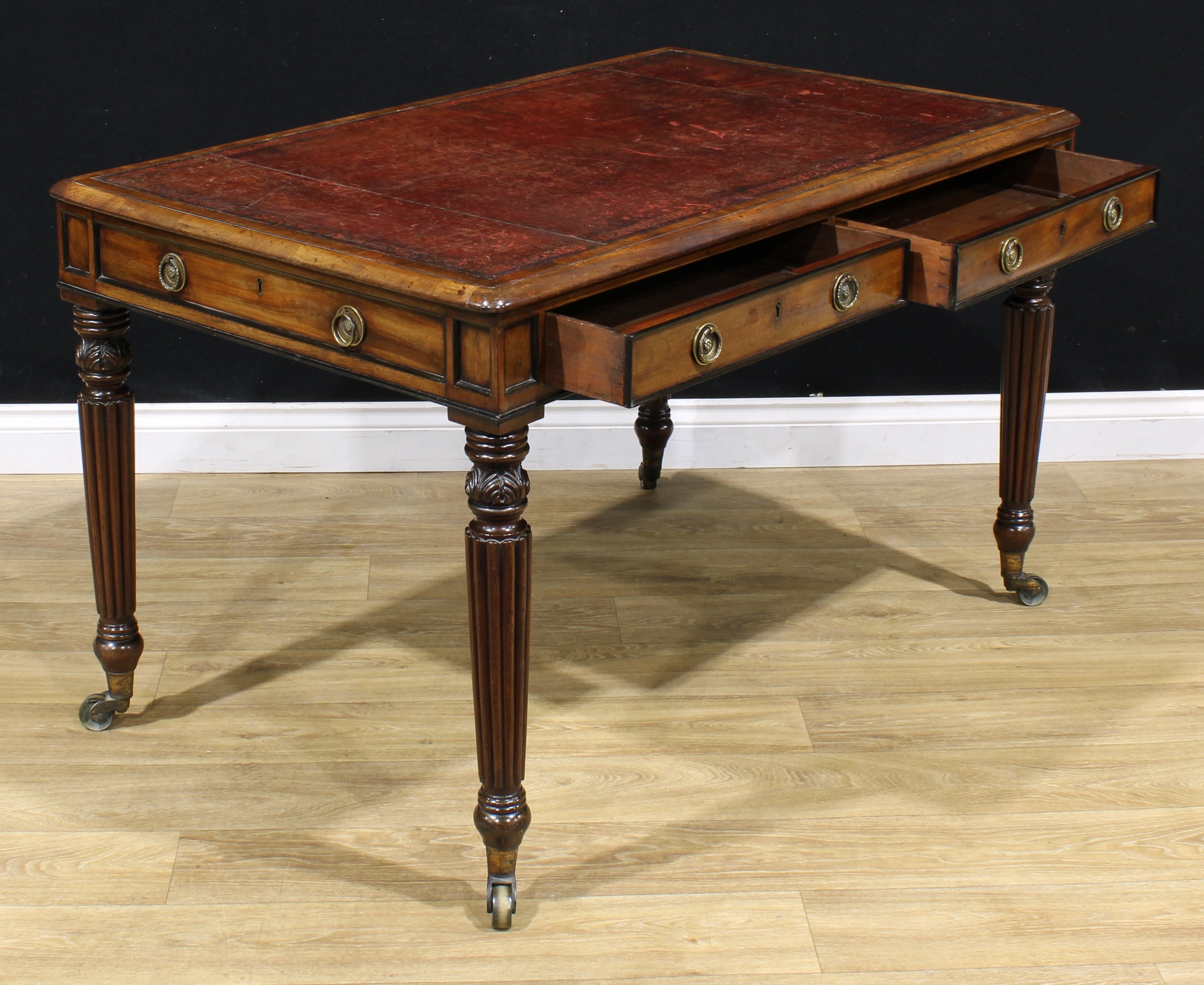 A George IV mahogany room centre library writing table, rounded rectangular top with inset tooled - Image 4 of 6