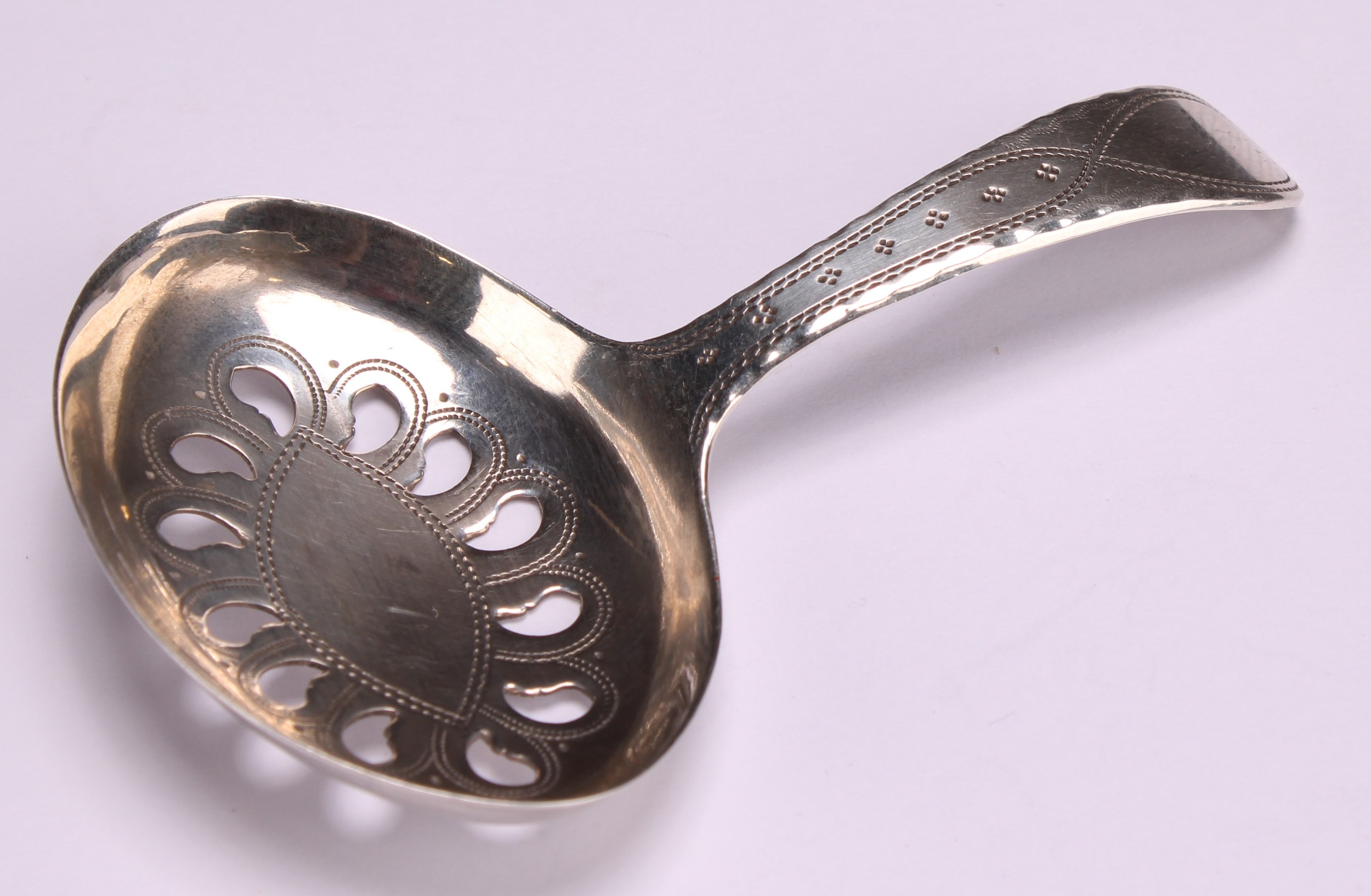 A George III silver caddy spoon, oval pierced bowl, wriggle-work engraved, 7cm long, Joseph - Image 2 of 4