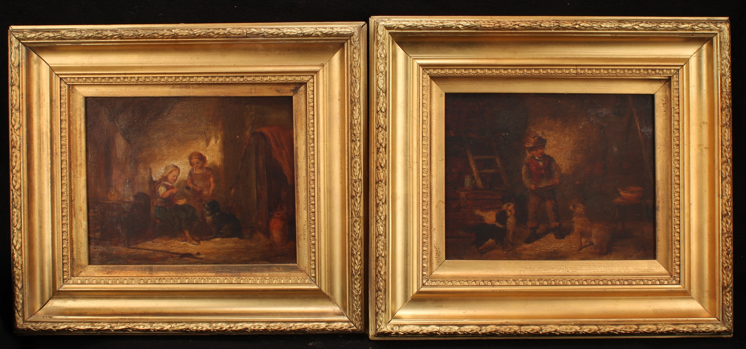 English School (19th century) a pair, Children and Dogs, indistinct monogram, oils on panels, 18.5cm