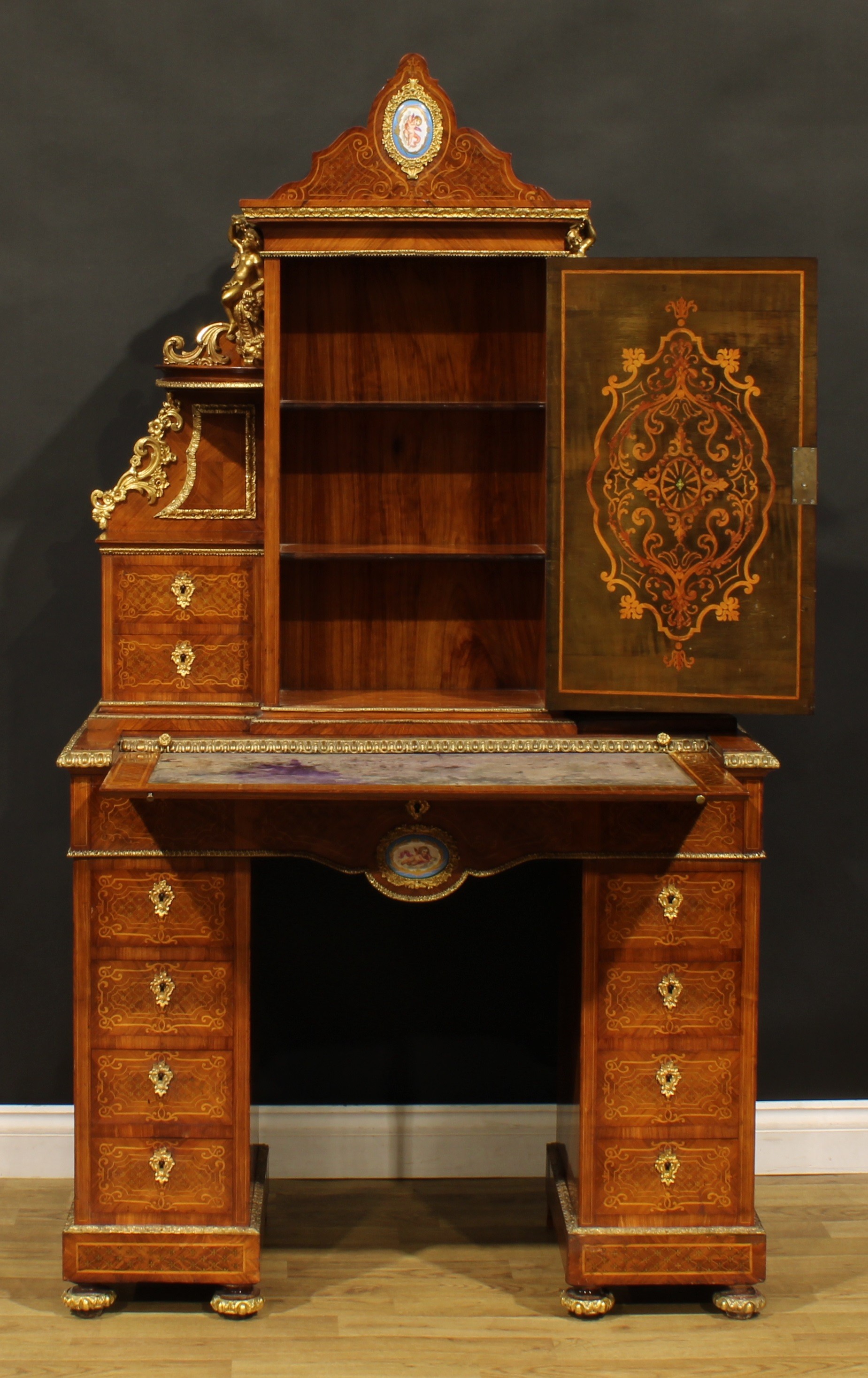 A Louis XV Revival gilt metal and porcelain mounted kingwood and marquetry exhibition-type twin - Image 3 of 7