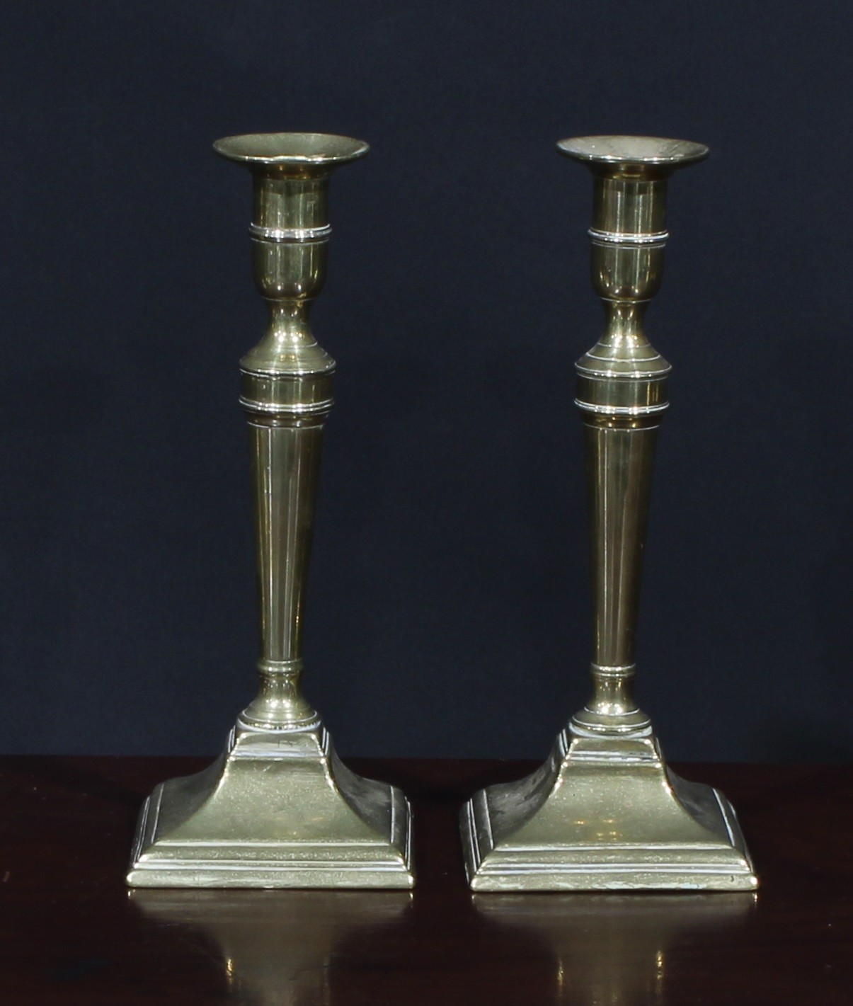 A pair of large Victorian brass baluster candlesticks, canted square bases, 41cm high, c.1880; - Image 4 of 6
