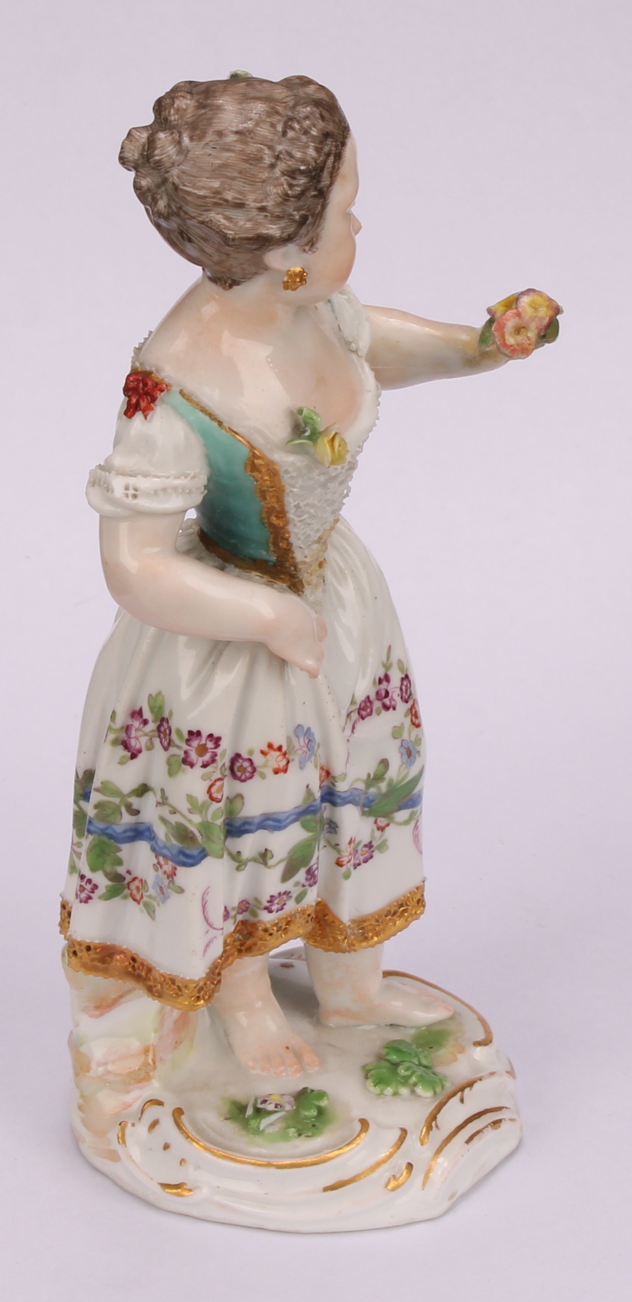 A Meissen porcelain figure, of a girl wearing a floral dress, with posies in hand, scroll base, - Image 3 of 5